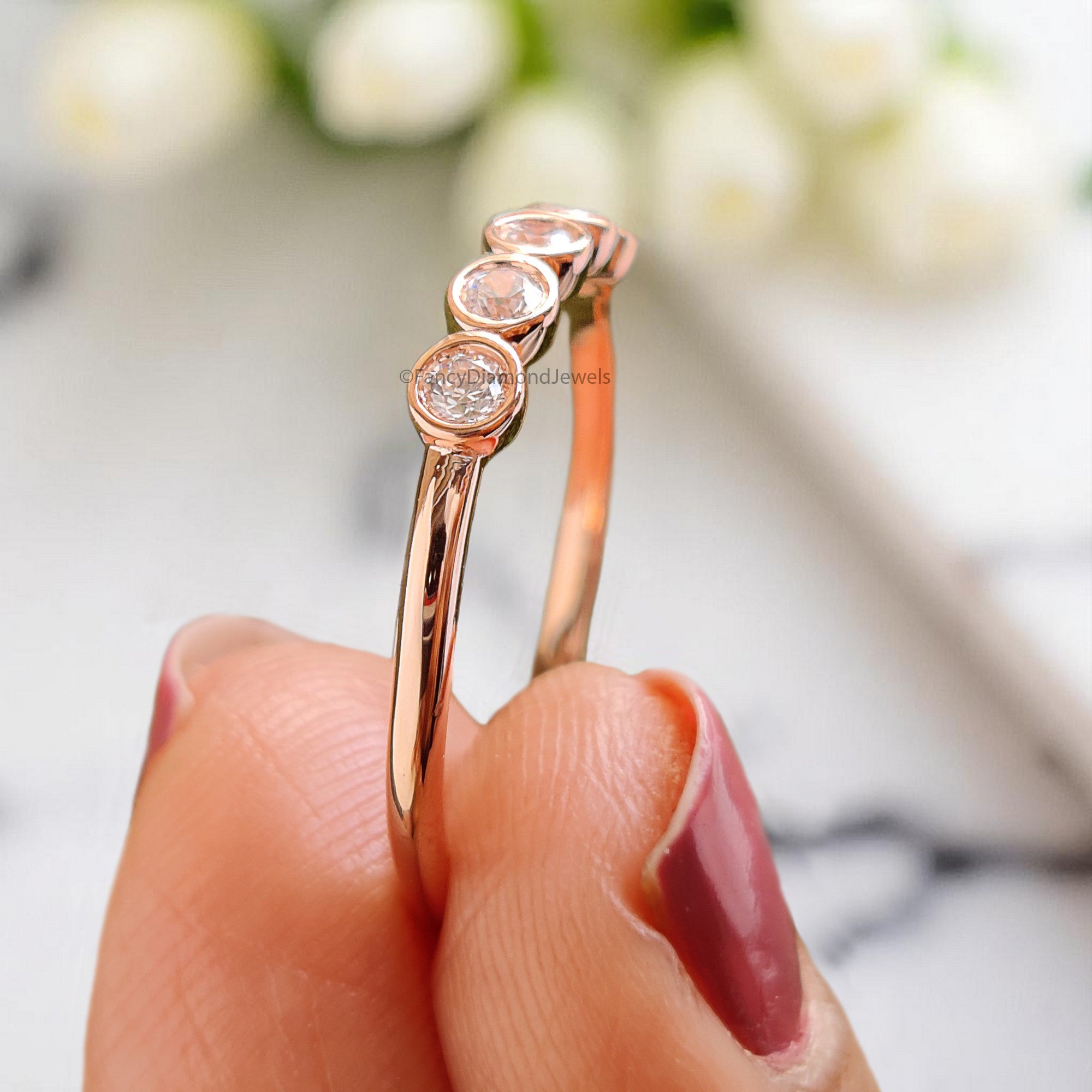 Bezel Set 5 Moissanite Diamond Wedding Band Silver/10K/14K/18K Gold Half Eternity Minimalist stacking dainty matching anniversary ring KD890