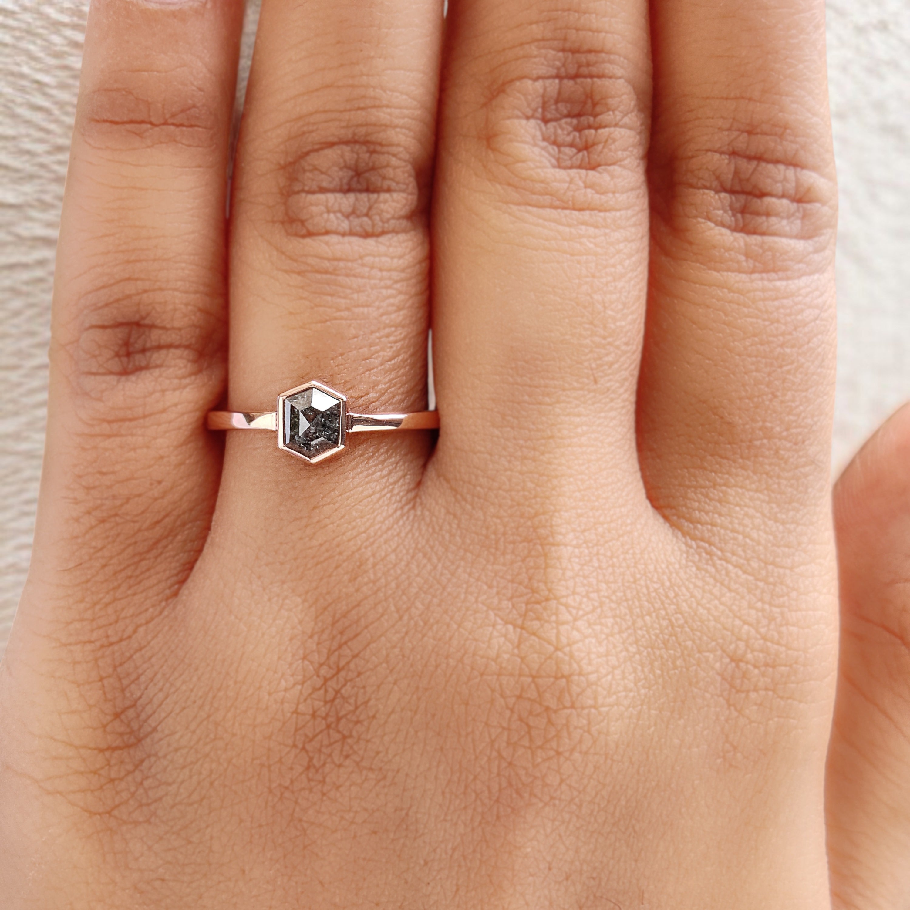 Hexagon Cut Salt And Pepper Diamond Ring 0.76 Ct 5.96 MM Hexagon Diamond Ring 14K Solid Rose Gold Silver Engagement Ring Gift For Her QN2187
