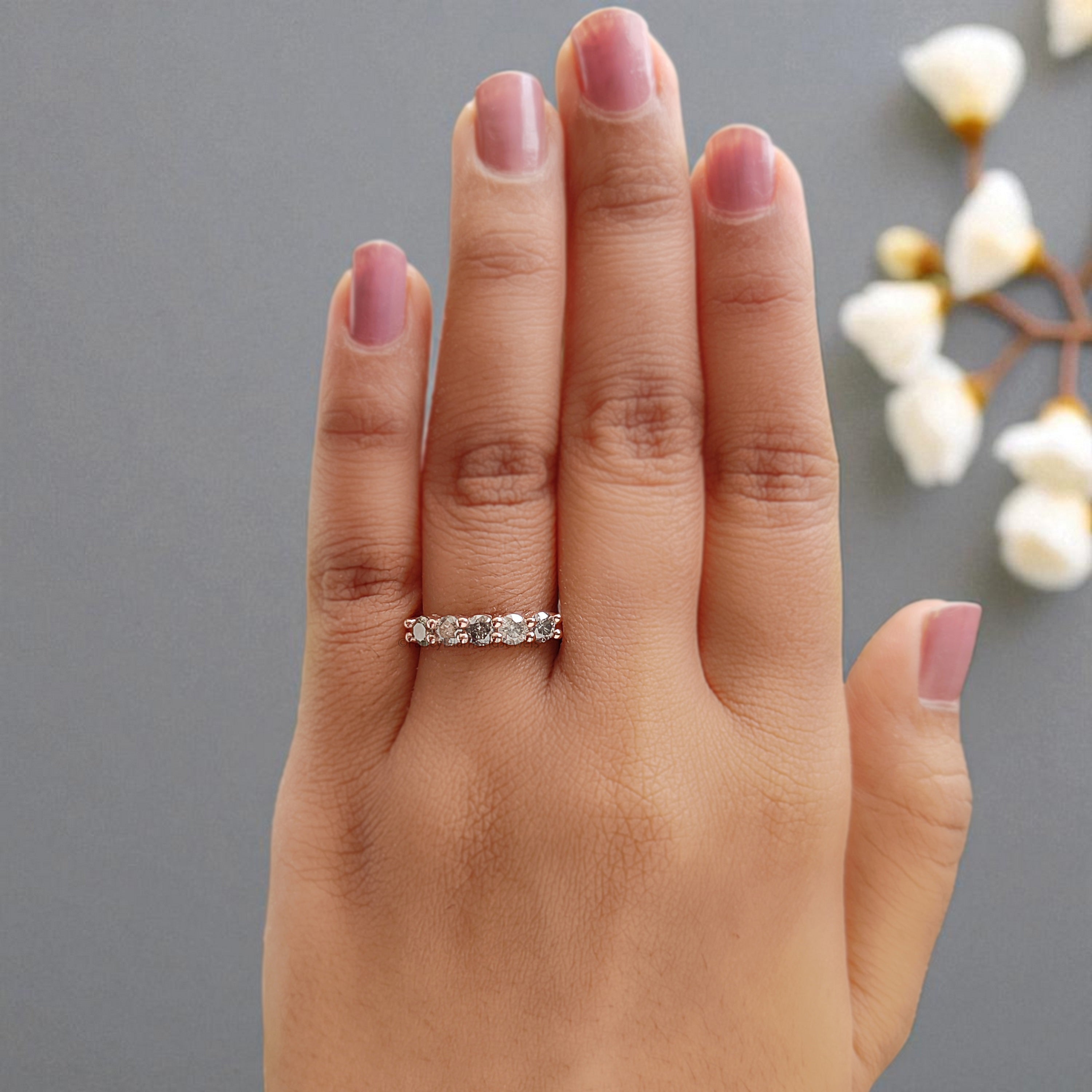 Five Salt And Pepper Round Diamond Wedding Band Silver/10K/14K/18K Gold Band Half Eternity Minimalist stacking dainty matching Ring KD928