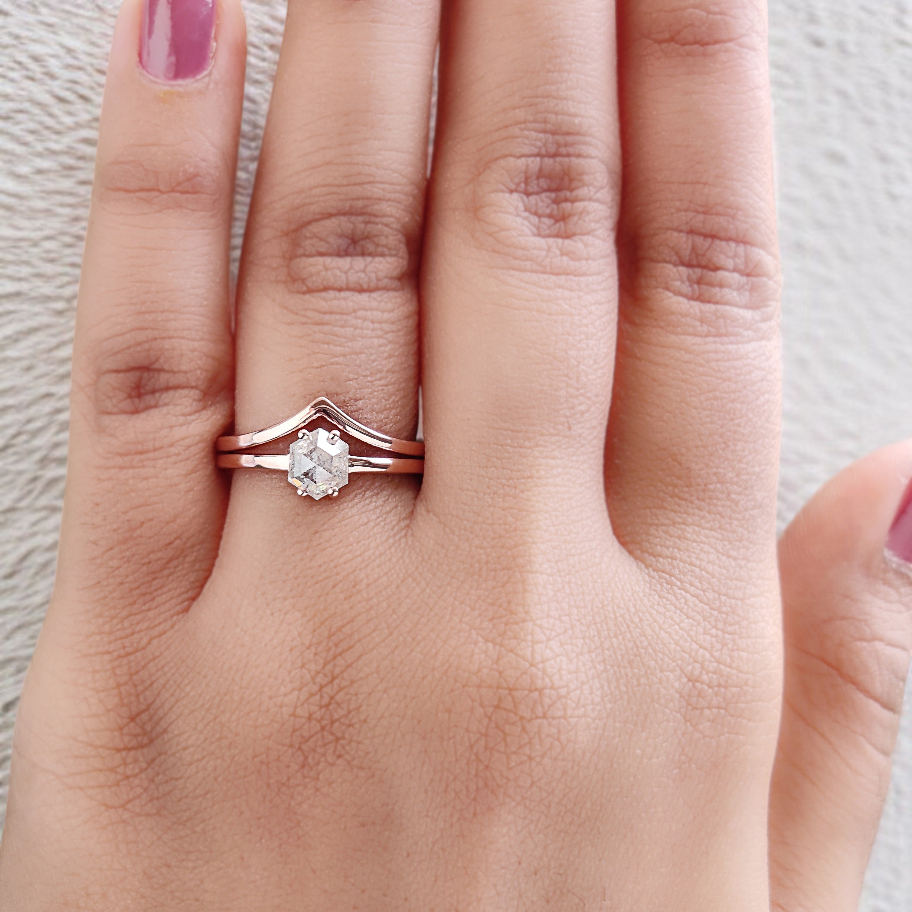 Hexagon Cut Salt And Pepper Diamond Ring 0.78 Ct 6.15 MM Hexagon Diamond Ring 14K Solid Rose Gold Silver Engagement Ring Gift For Her QN2183