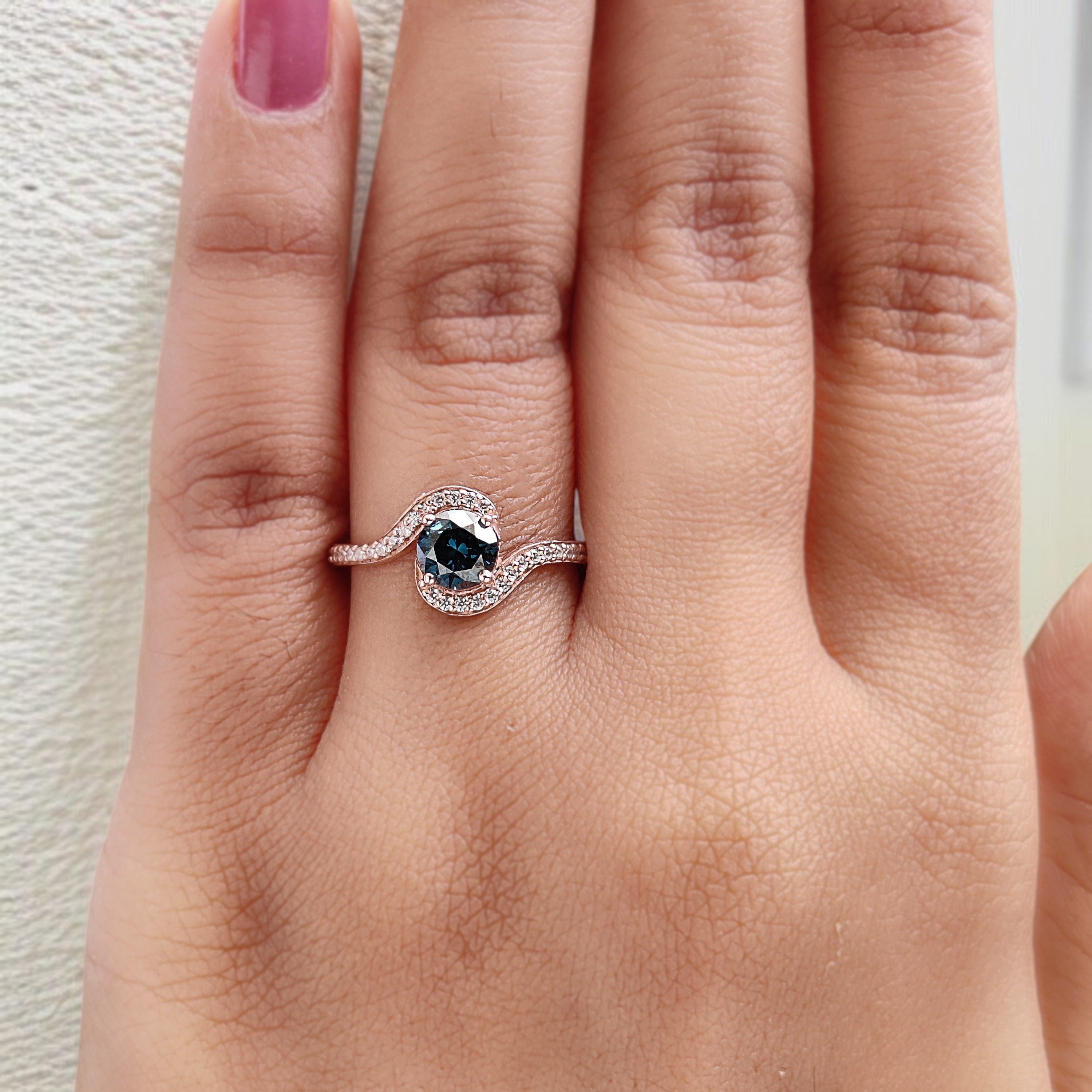 Round Cut Blue Color Diamond Ring 0.70 Ct 5.38 MM Round Shape Diamond Ring 14K Rose Gold Silver Round Engagement Ring Gift For Her QL2043