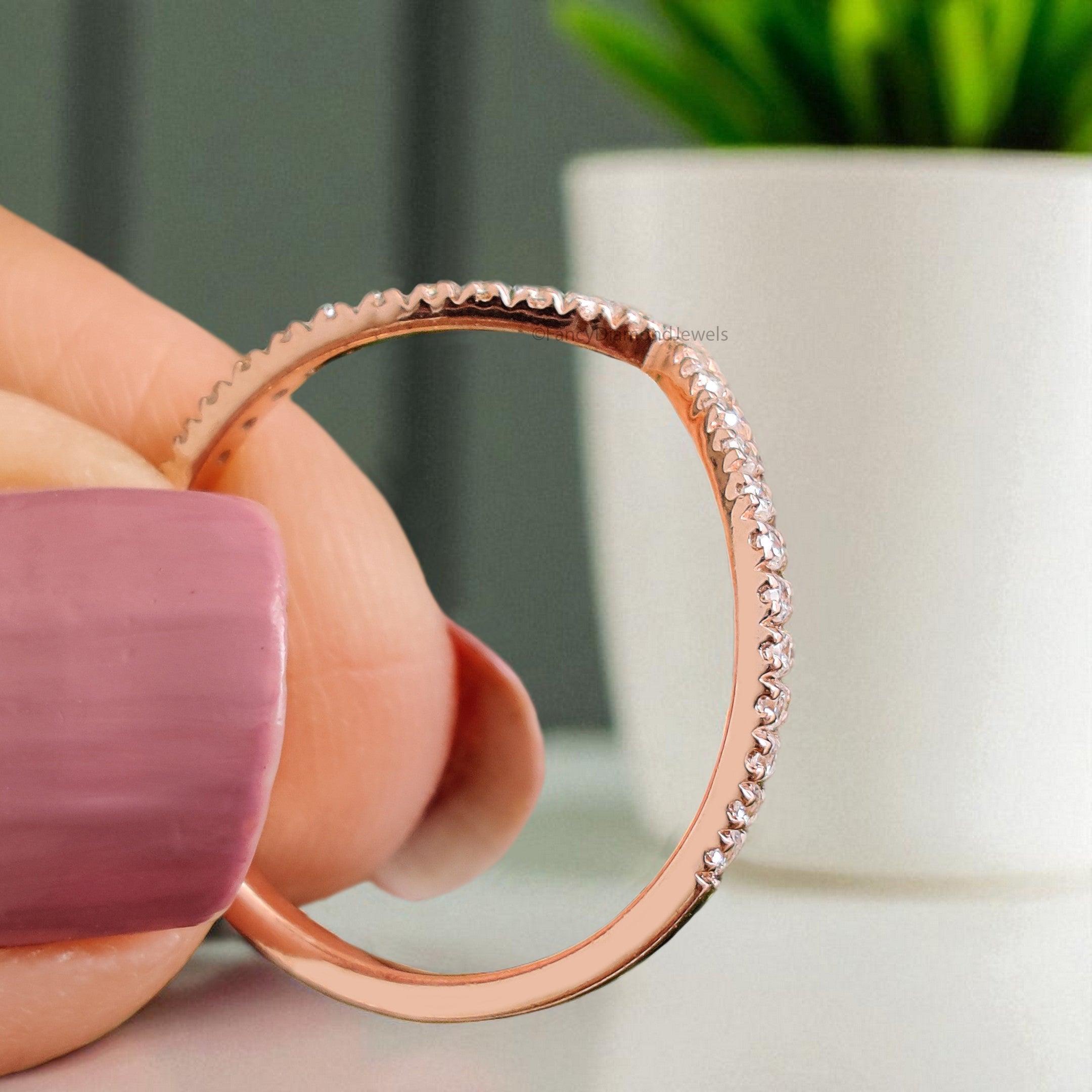 V Shaped Wedding Band 0.20 TW Round Diamond Band Rose Gold Silver/10K/14K/18K Gold Engagement Band Half Eternity Anniversary Ring KD261