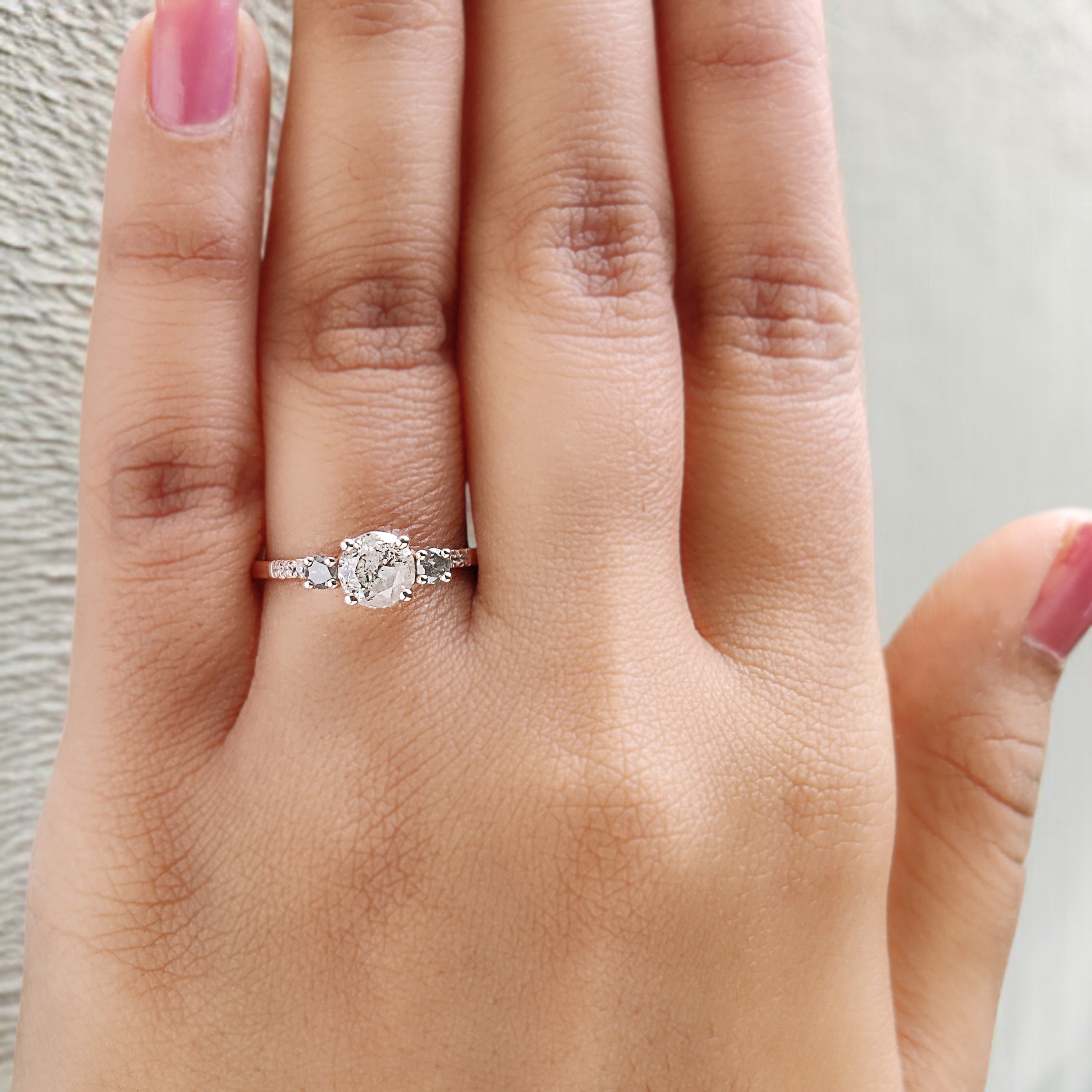 Round Cut Salt And Pepper Diamond Ring 0.83 Ct 5.64 MM Round Diamond Ring 14K Solid Rose Gold Silver Engagement Ring Gift For Her QN2184