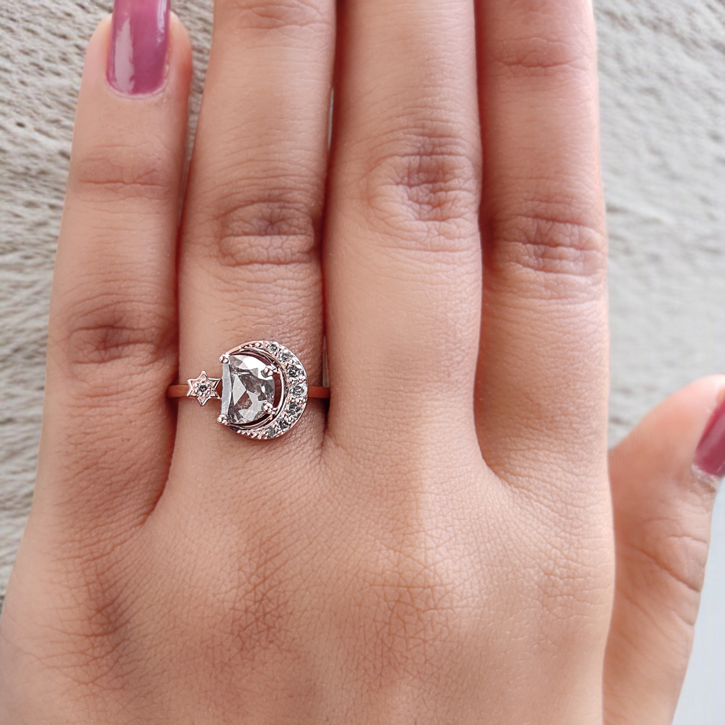 Half Moon Salt And Pepper Diamond Ring 0.94 Ct 7.30 MM Half Moon Diamond Ring 14K Solid Rose Gold Silver Engagement Ring Gift For Her QN725