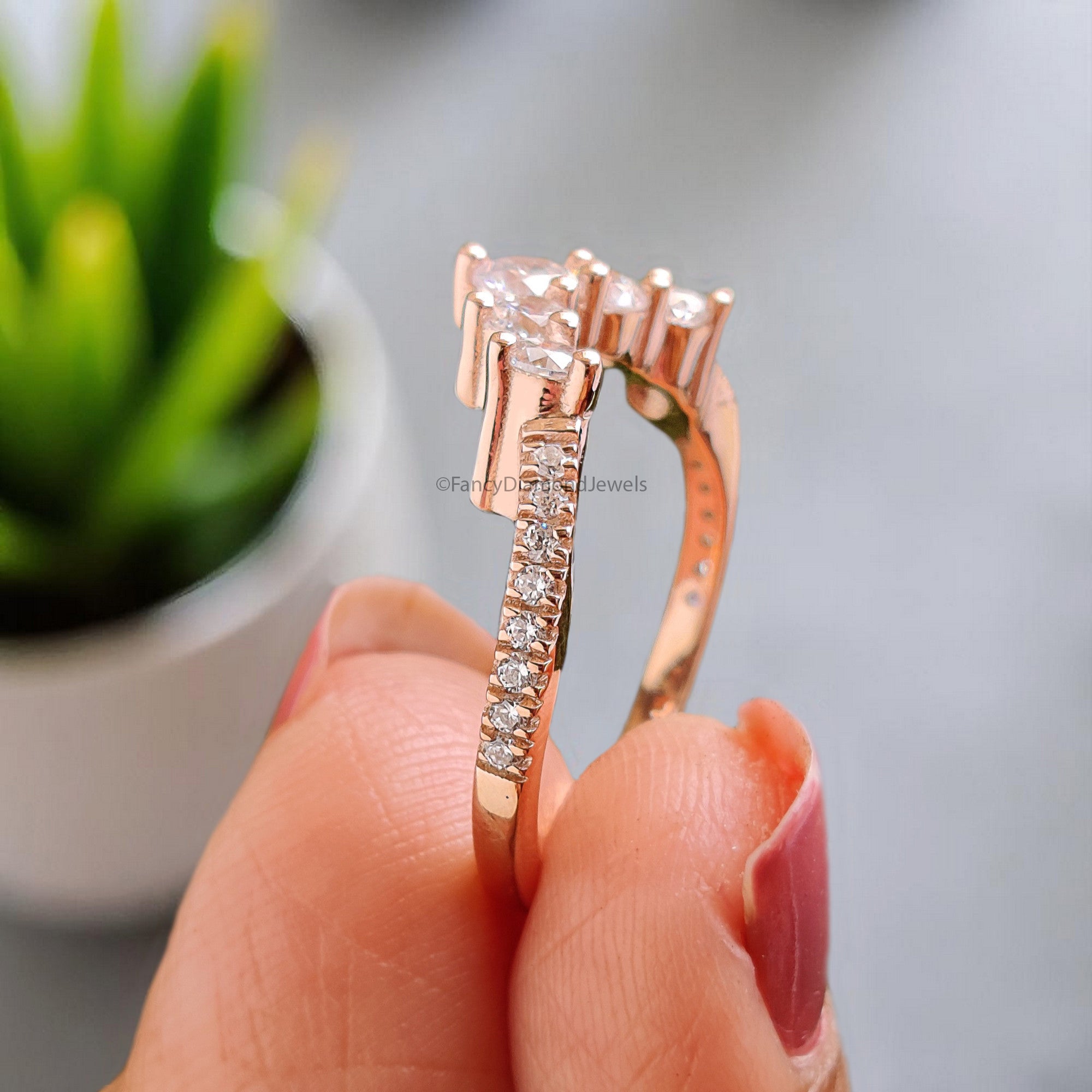 Curved wedding band 0.64 TW Round cut Moissanite ring Chic Thin V Shaped band Silver/10K/14K/18K Band Half eternity Anniversary band FD376