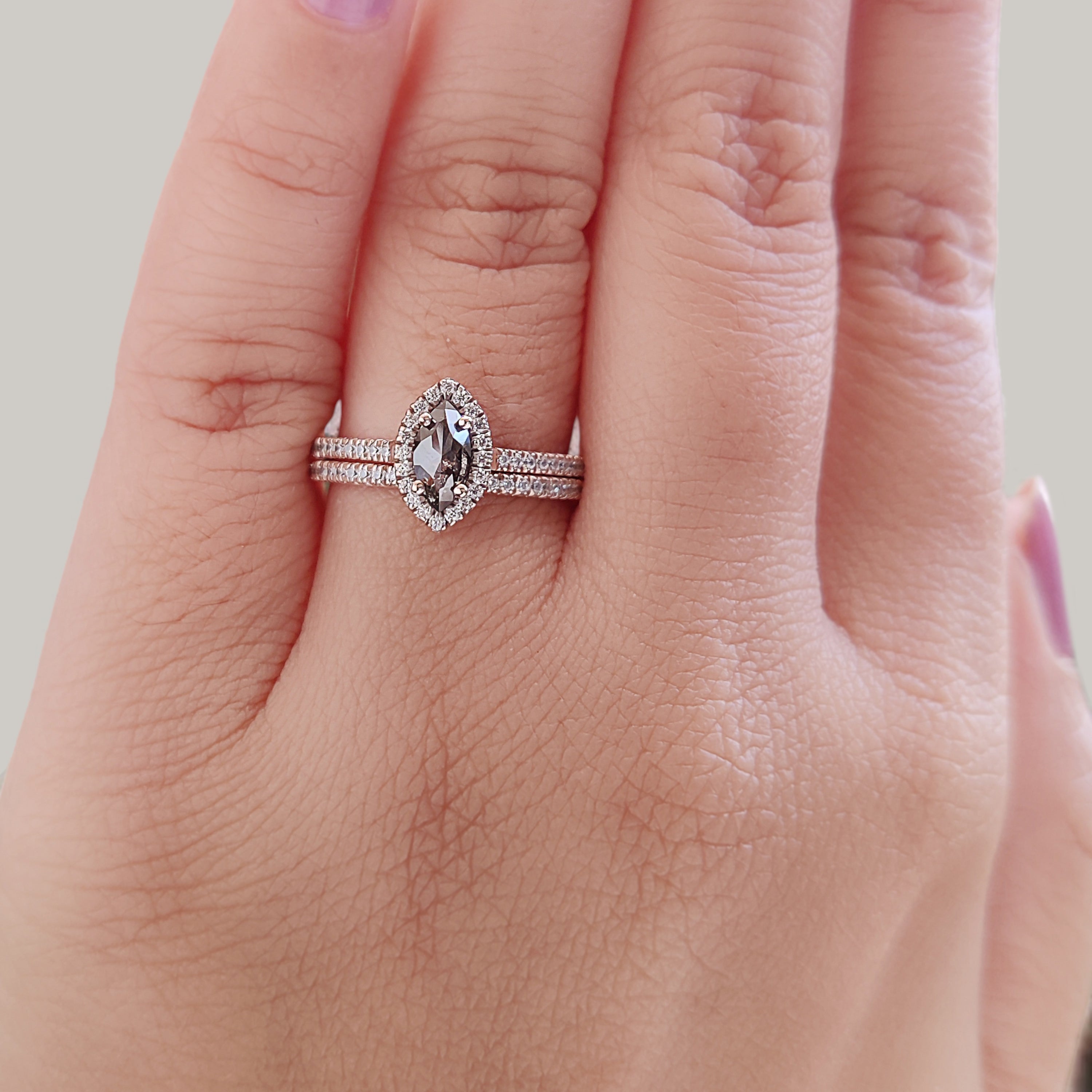 Marquise Cut Salt And Pepper Diamond Ring 0.41 Ct 6.99 MM Marquise Diamond Ring 14K Rose Gold Silver Engagement Ring Gift For Her KDN2490-1