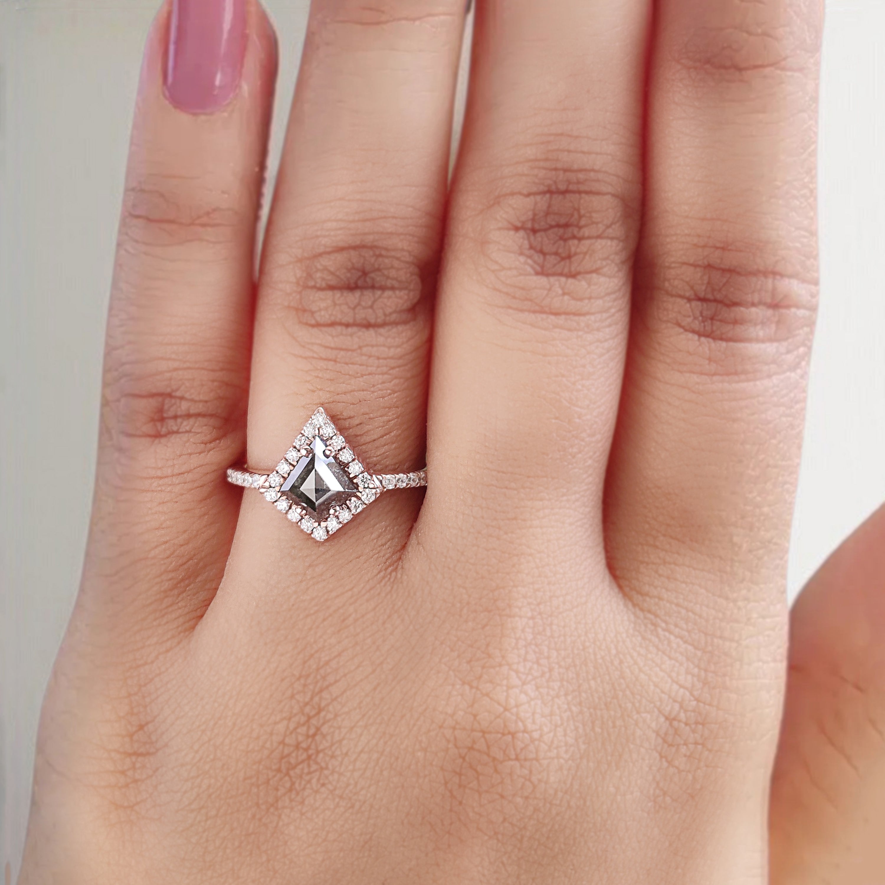 Kite Shape Salt And Pepper Diamond Ring 0.94 Ct 7.60 MM Kite Cut Diamond Ring 14K Solid Rose Gold Silver Engagement Ring Gift For Her QL2038