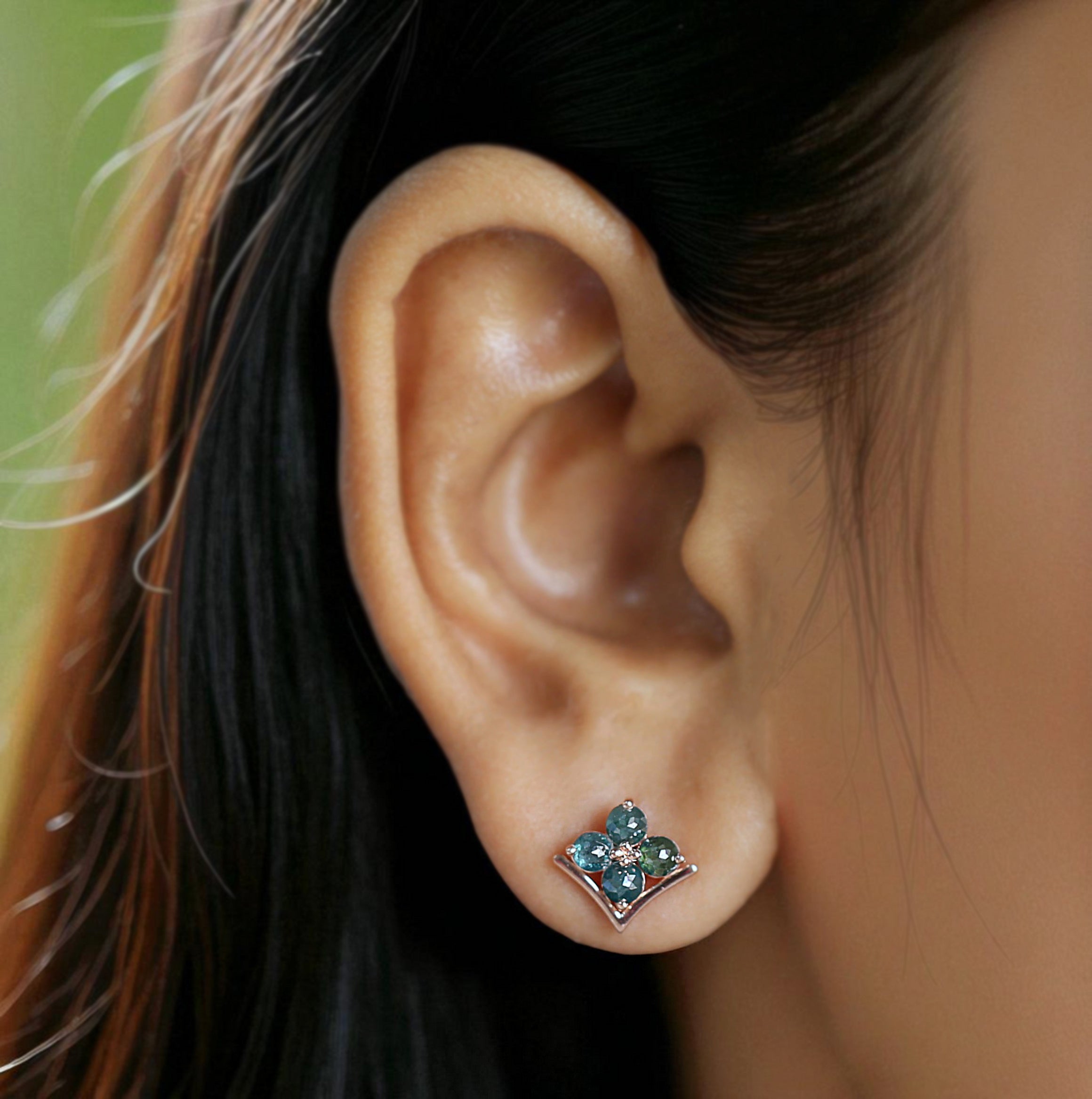 Round Rose Cut Blue Color Diamond Earring Round Rose Shape Earring Prong Earring Engagement Earring Earlobe Earrings Gift For Her KDN7006