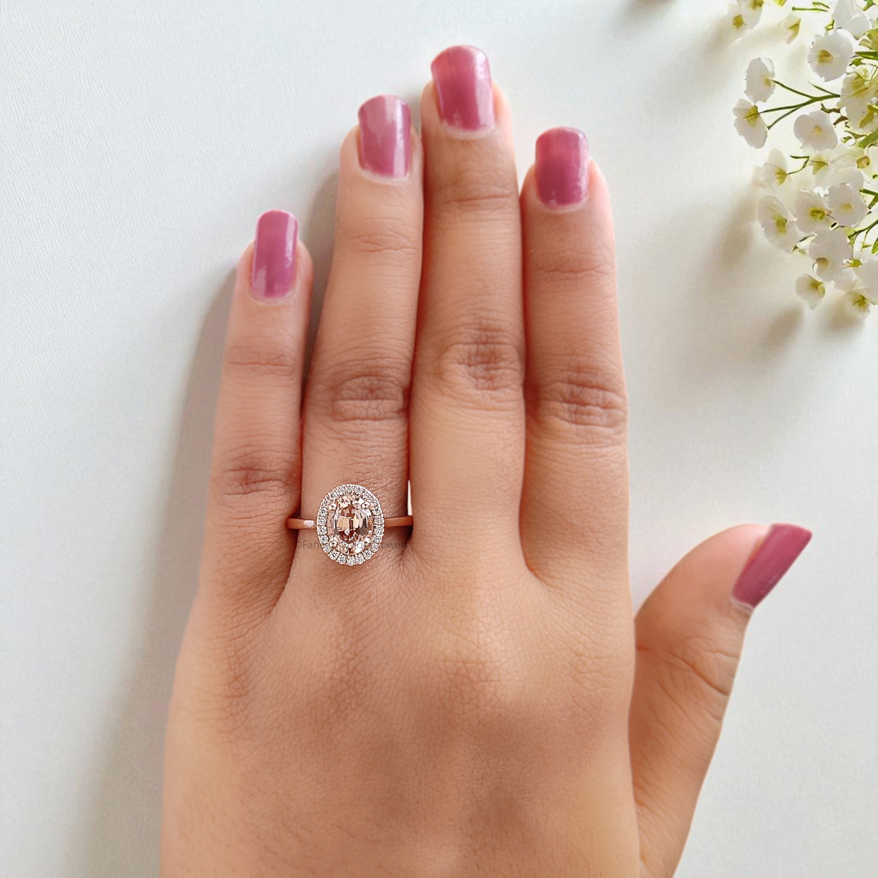 1.15 CT Oval Cut Natural Morganite Engagement Ring Rose Gold Ring Oval Shape Wedding Ring Unique Vintage Halo Ring Gift For Her FD435