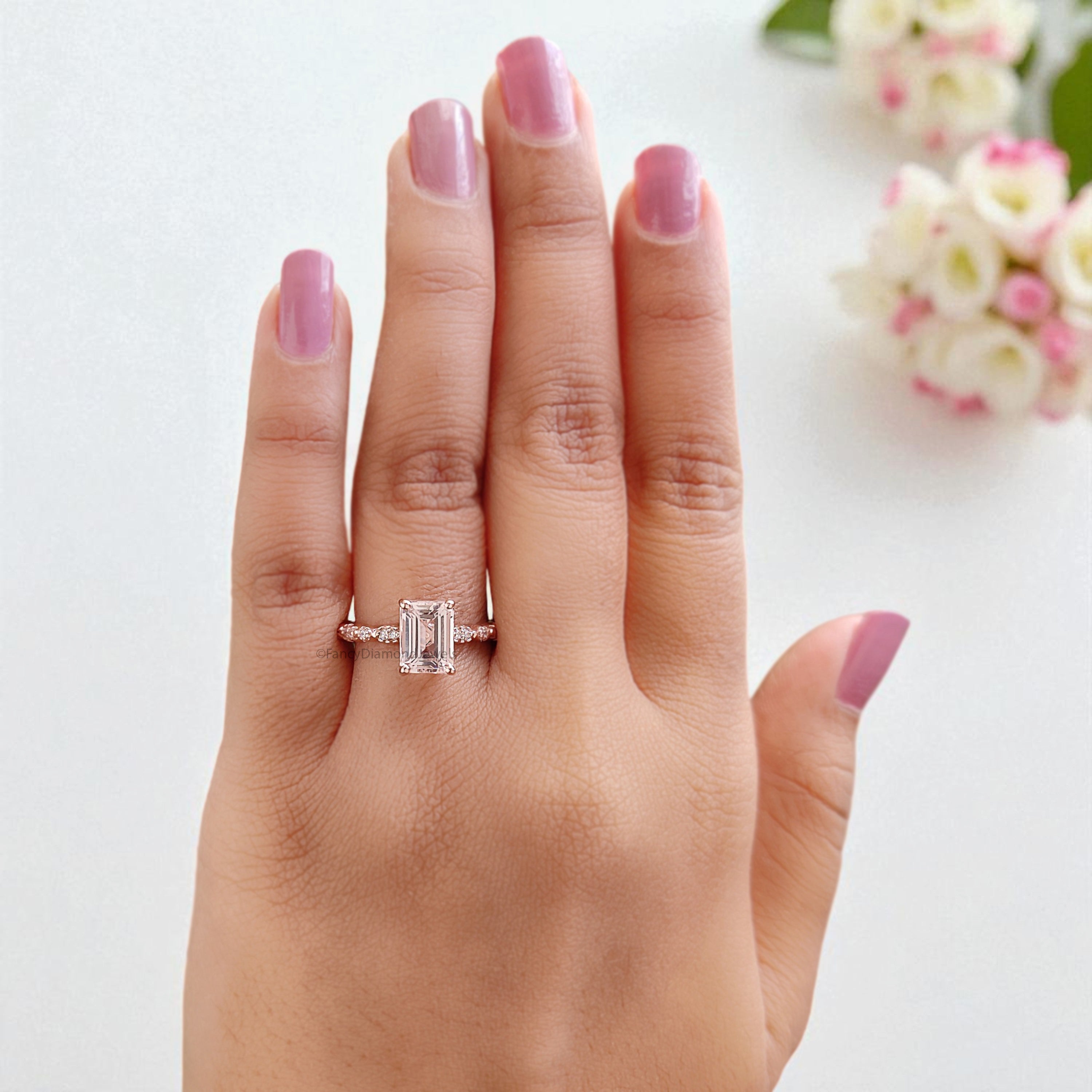 1.58 CT Emerald Cut Natural Morganite Engagement Ring Rose Gold Ring Emerald Diamond Wedding Ring Unique Vintage Ring Gift For Her FD428