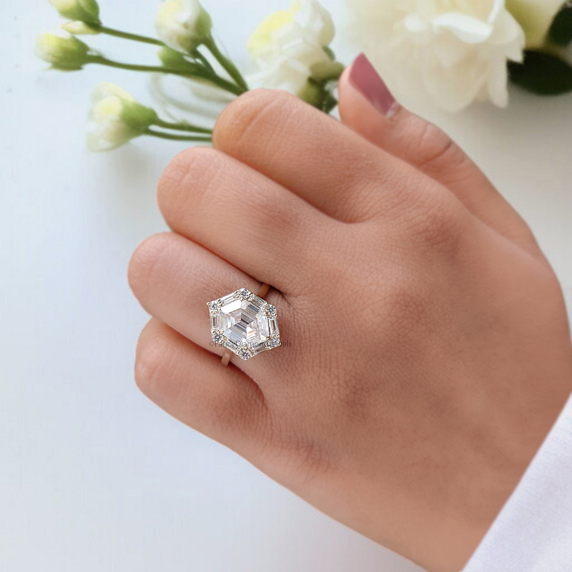 2.35 CT Hexagon Cut Moissanite Engagement Ring with Side Baguette Moissanite Ring Yellow Gold Ring Bridal Anniversary Gift For Her FD321