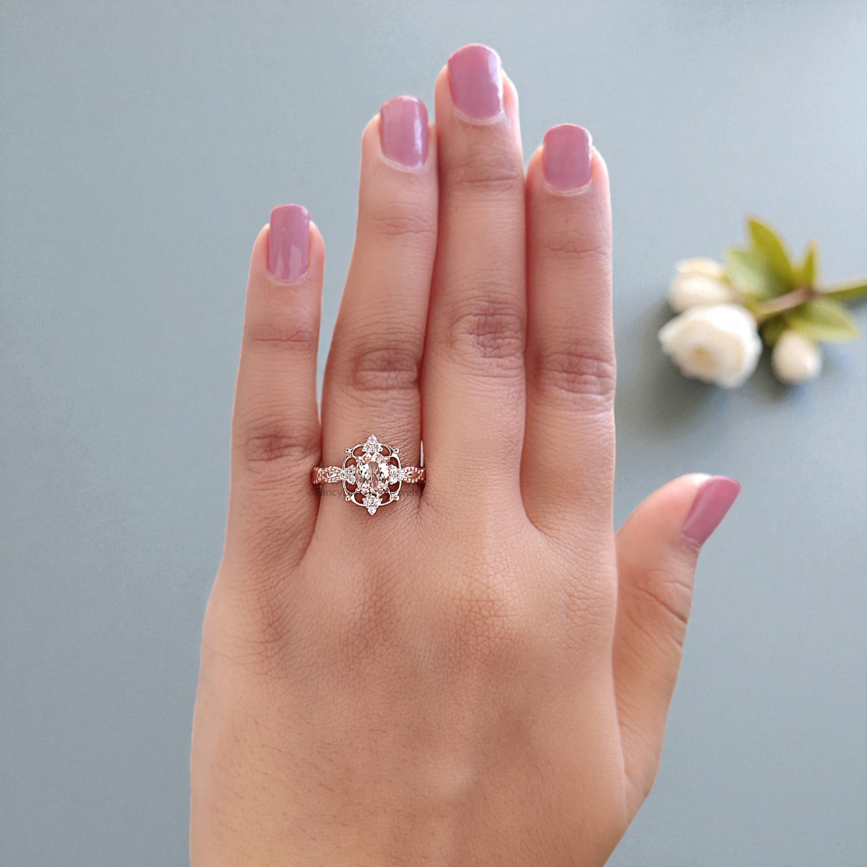 0.70 CT Oval Cut Natural Morganite Engagement Ring Rose Gold Ring Oval Shape Wedding Ring Unique halo Starburst Ring Gift For Her FD452
