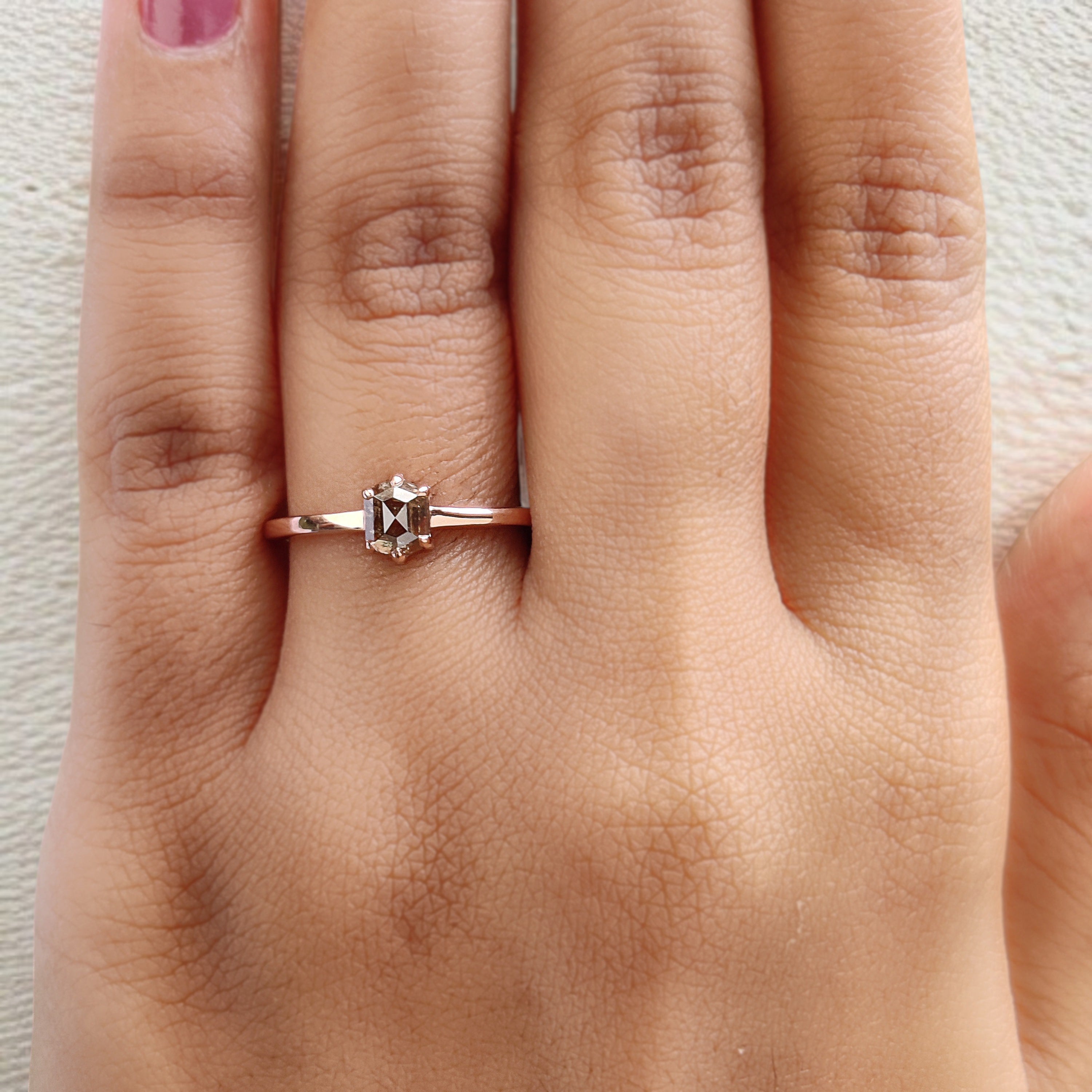 Hexagon Brown Color Diamond Ring 0.50 Ct 5.41 MM Hexagon Shape Diamond Ring 14K Solid Rose Gold Silver Engagement Ring Gift For Her QK2596