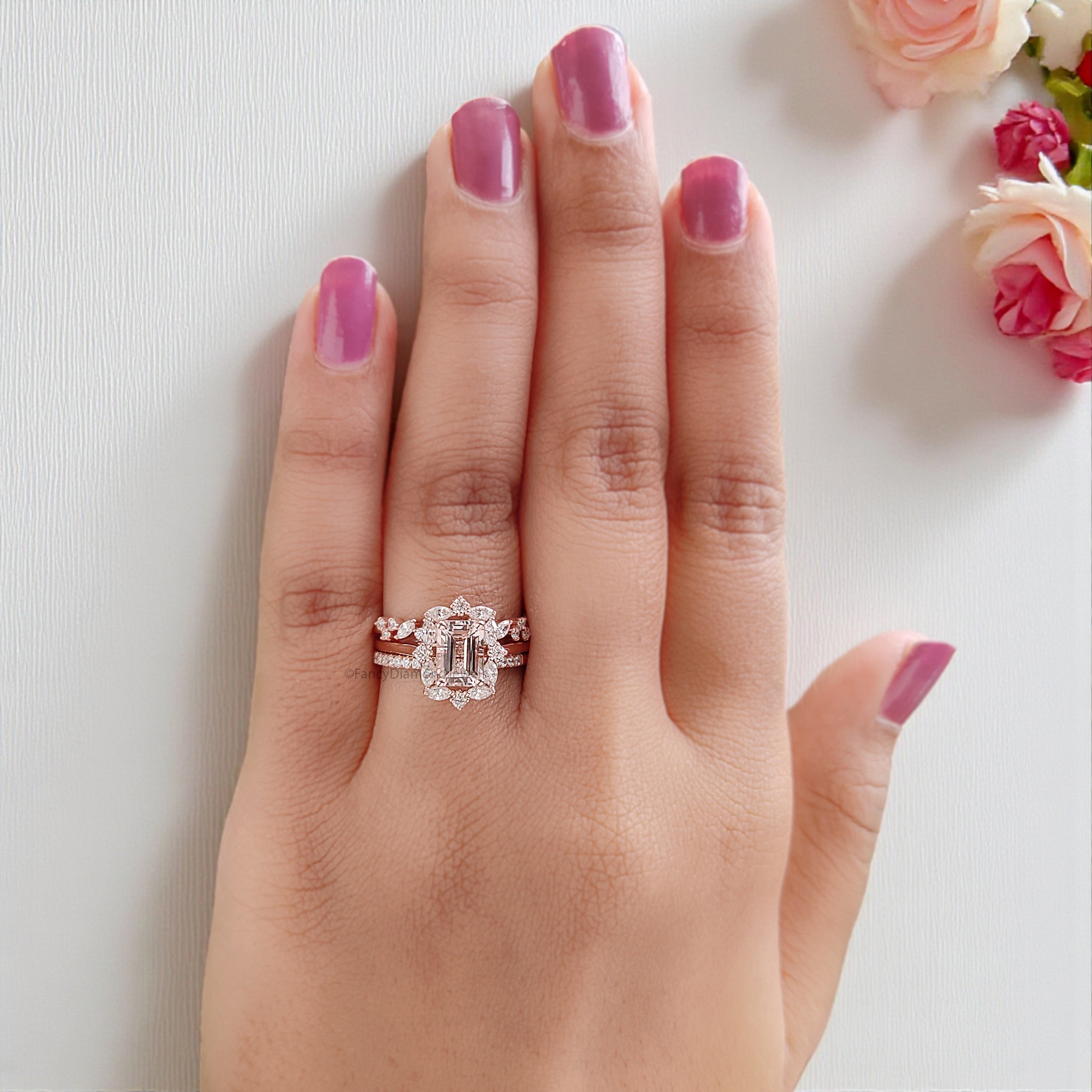 0.95 CT Emerald Shape Morganite Engagement Ring Set Unique art deco Marquise halo Starburst Ring Round wedding ring Gift For Her FD440