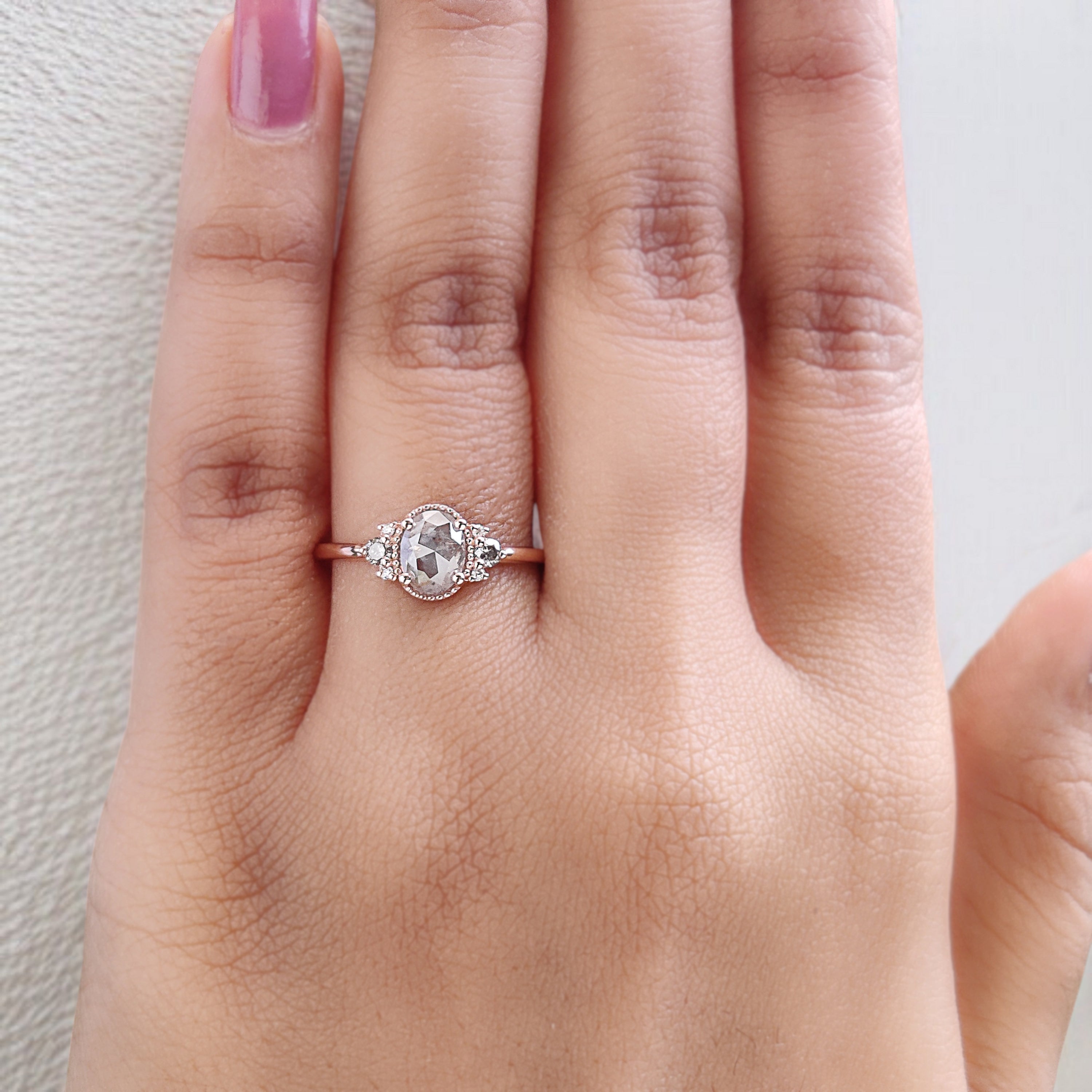 Oval Cut Salt And Pepper Diamond Ring 0.68 Ct 6.27 MM Oval Diamond Ring 14K Solid Rose Gold Silver Oval Engagement Ring Gift For Her QN2185