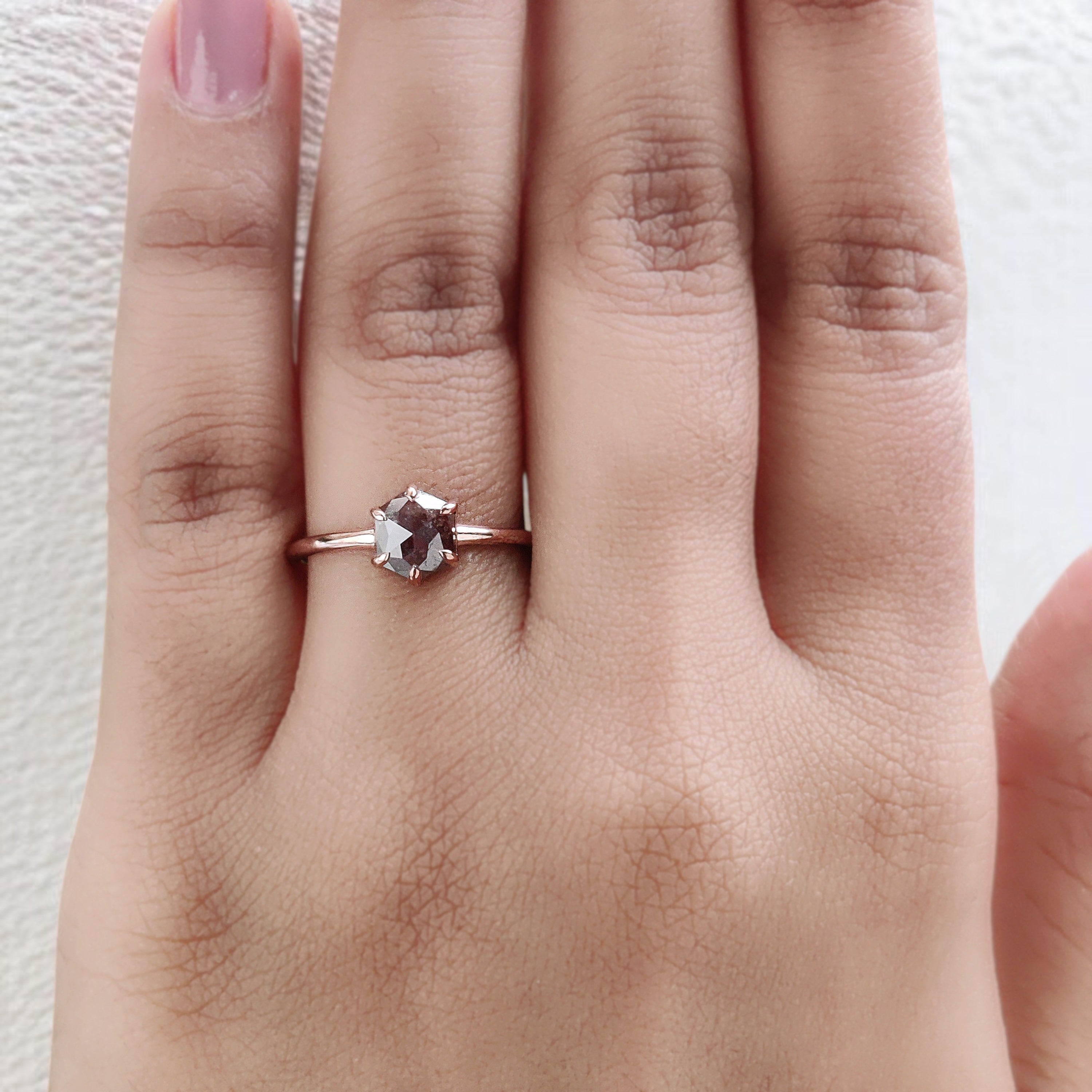 Hexagon Brown Color Diamond Ring 0.96 Ct 6.78 MM Hexagon Shape Diamond Ring 14K Solid Rose Gold Silver Engagement Ring Gift For Her QL2850