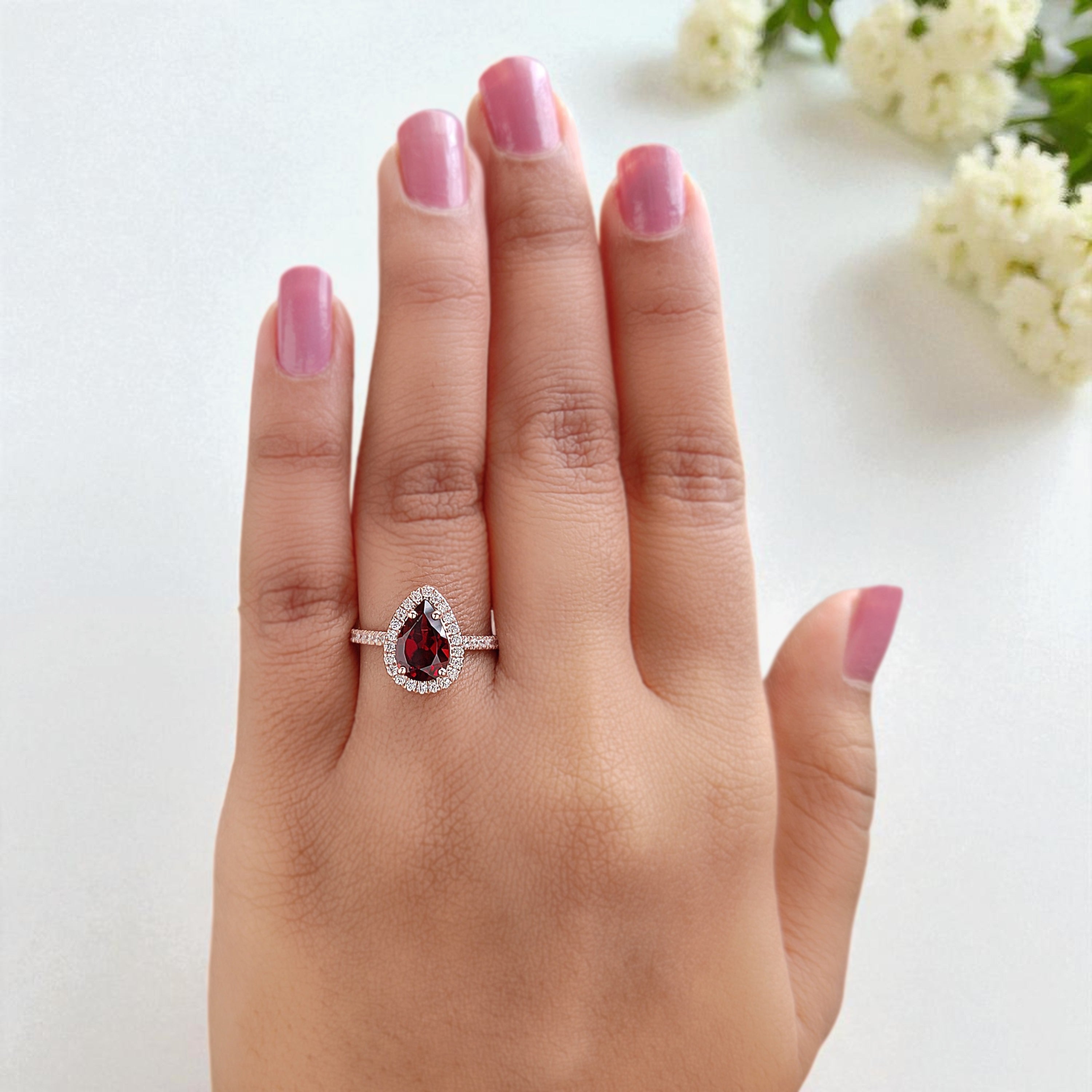 1.60 CT Pear Cut Red Garnet Engagement Ring Rose Gold Ring Pear Shape Diamond Wedding Ring Unique Art Deco Vintage Ring Gift For Her FD424