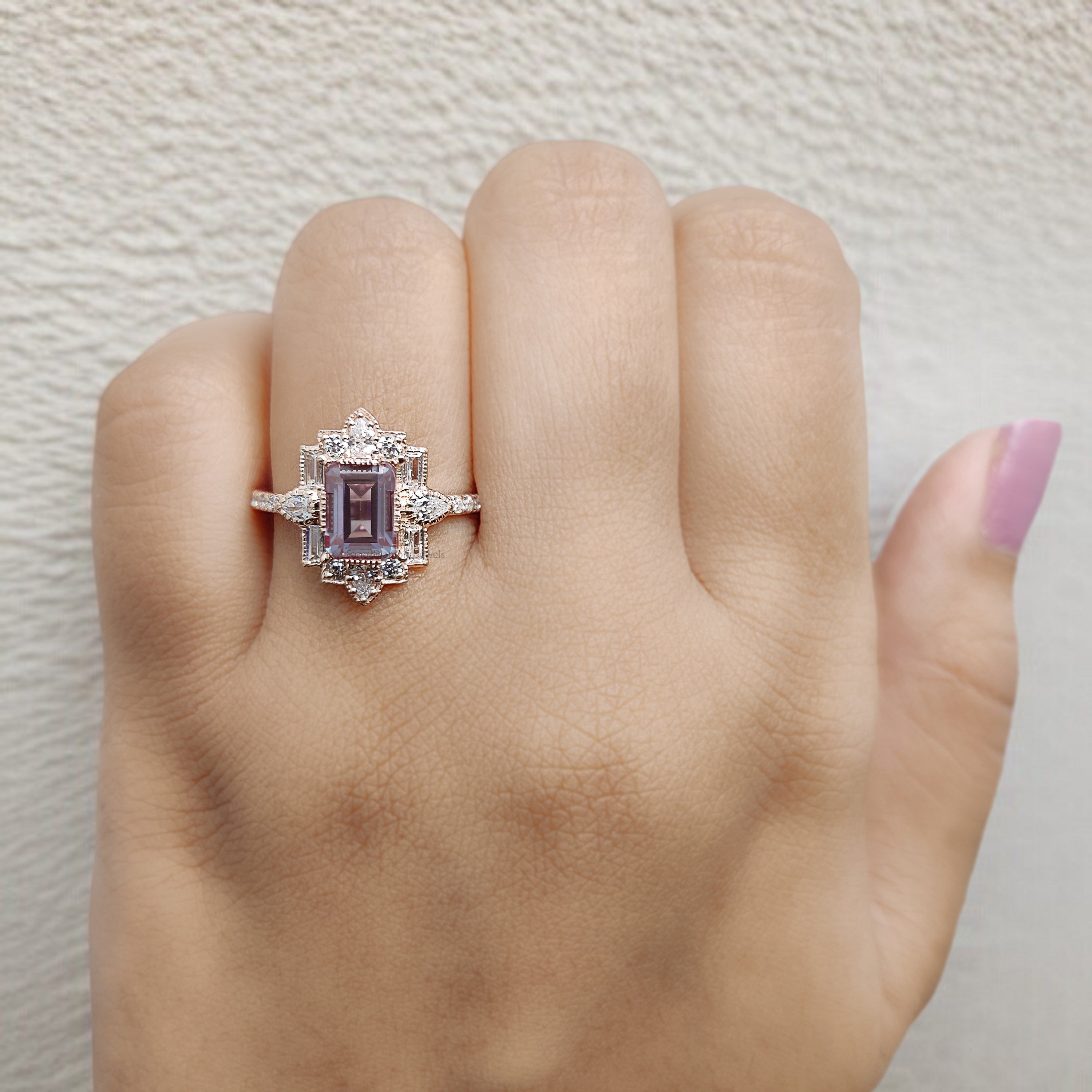 1.55 CT Emerald Cut Lab Alexandrite Engagement Ring Baguette wedding ring Unique art deco Ring Pear halo Starburst ring Gift For Her FD416
