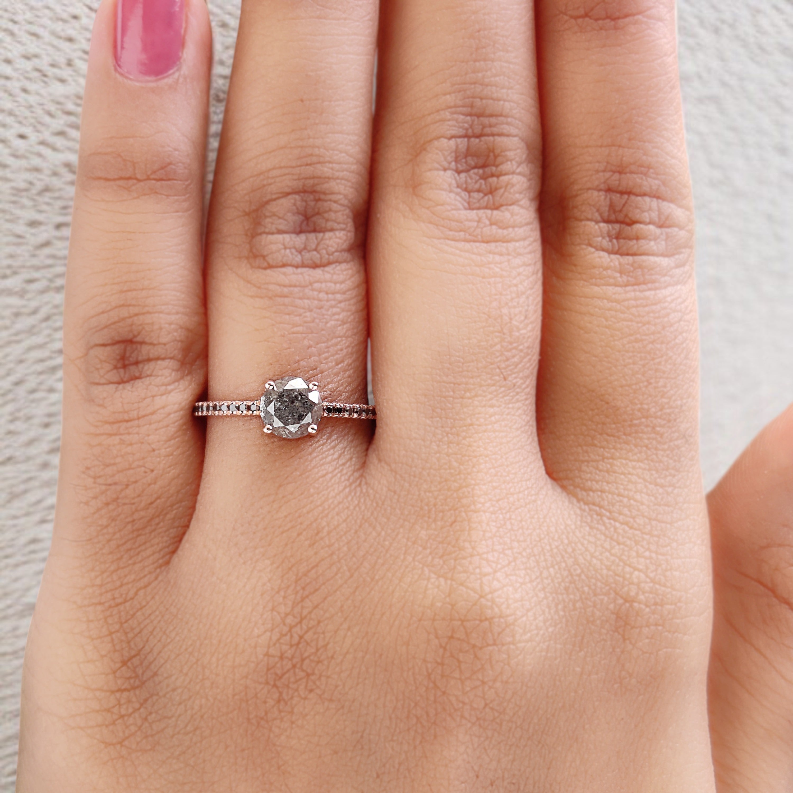 Round Cut Salt And Pepper Diamond Ring 0.87 Ct 5.80 MM Round Diamond Ring 14K Solid Rose Gold Silver Engagement Ring Gift For Her QN9140