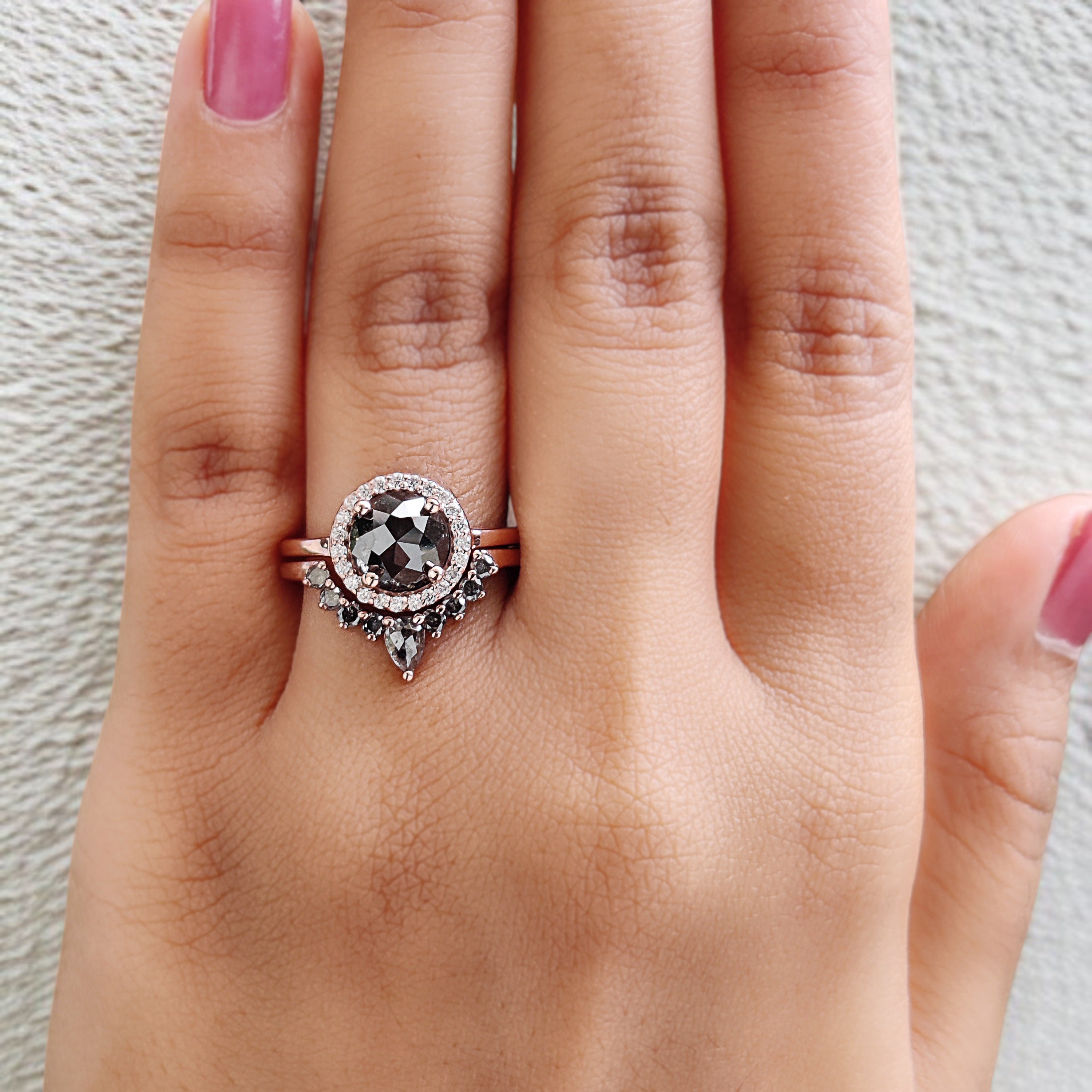 Round Rose Cut Salt And Pepper Diamond Ring 1.86 Ct 7.50 MM Round Diamond Ring 14K Rose Gold Silver Engagement Ring Gift For Her QL1303