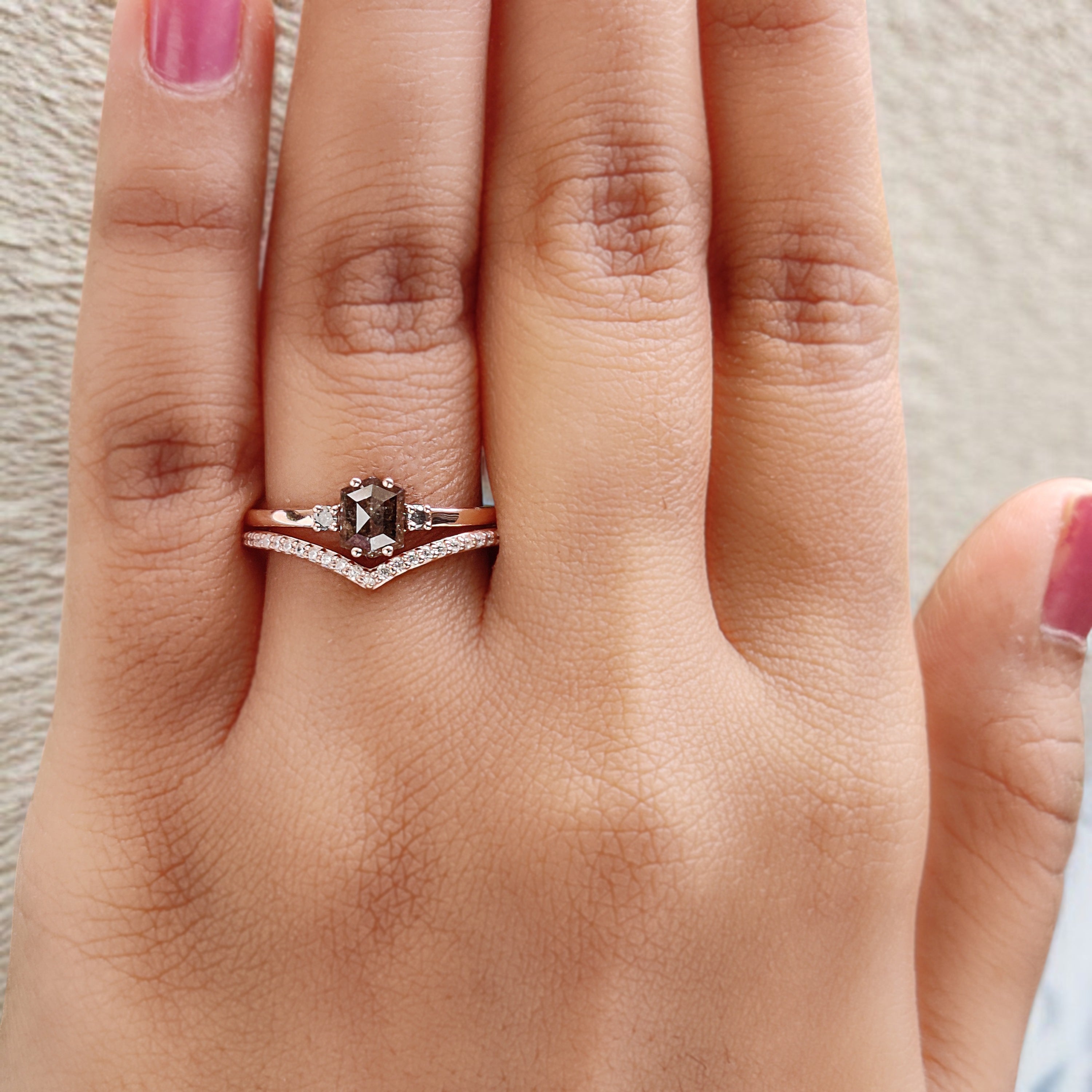 Hexagon Cut Brown Color Diamond Ring 0.68 Ct 5.76 MM Hexagon Diamond Ring 14K Solid Rose Gold Silver Engagement Ring Gift For Her QN2199
