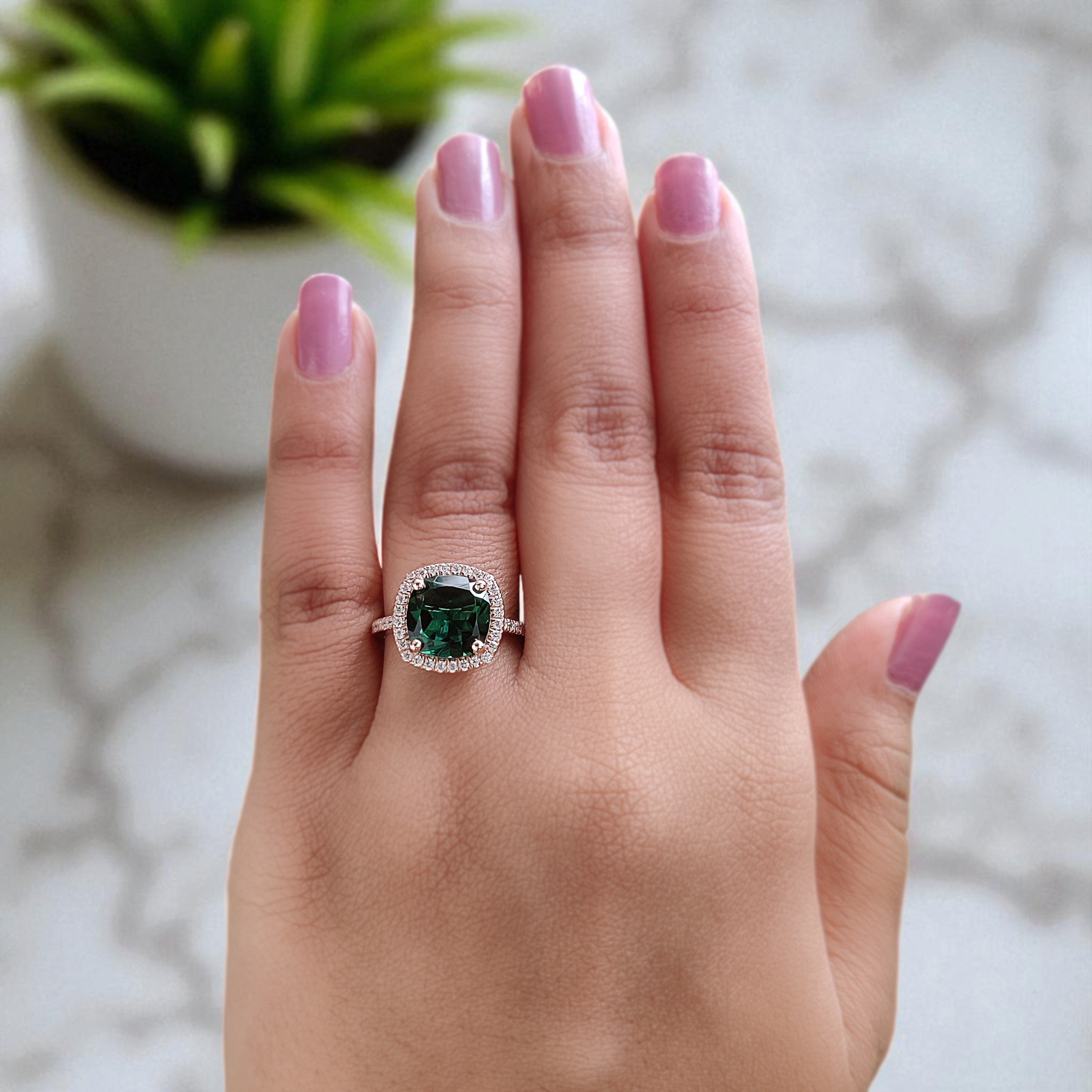 2.60 CT Cushion Cut Green Emerald Engagement Ring Rose Gold Ring Cushion Wedding Ring Unique Art Deco Vintage Halo Ring Gift For Her FD422