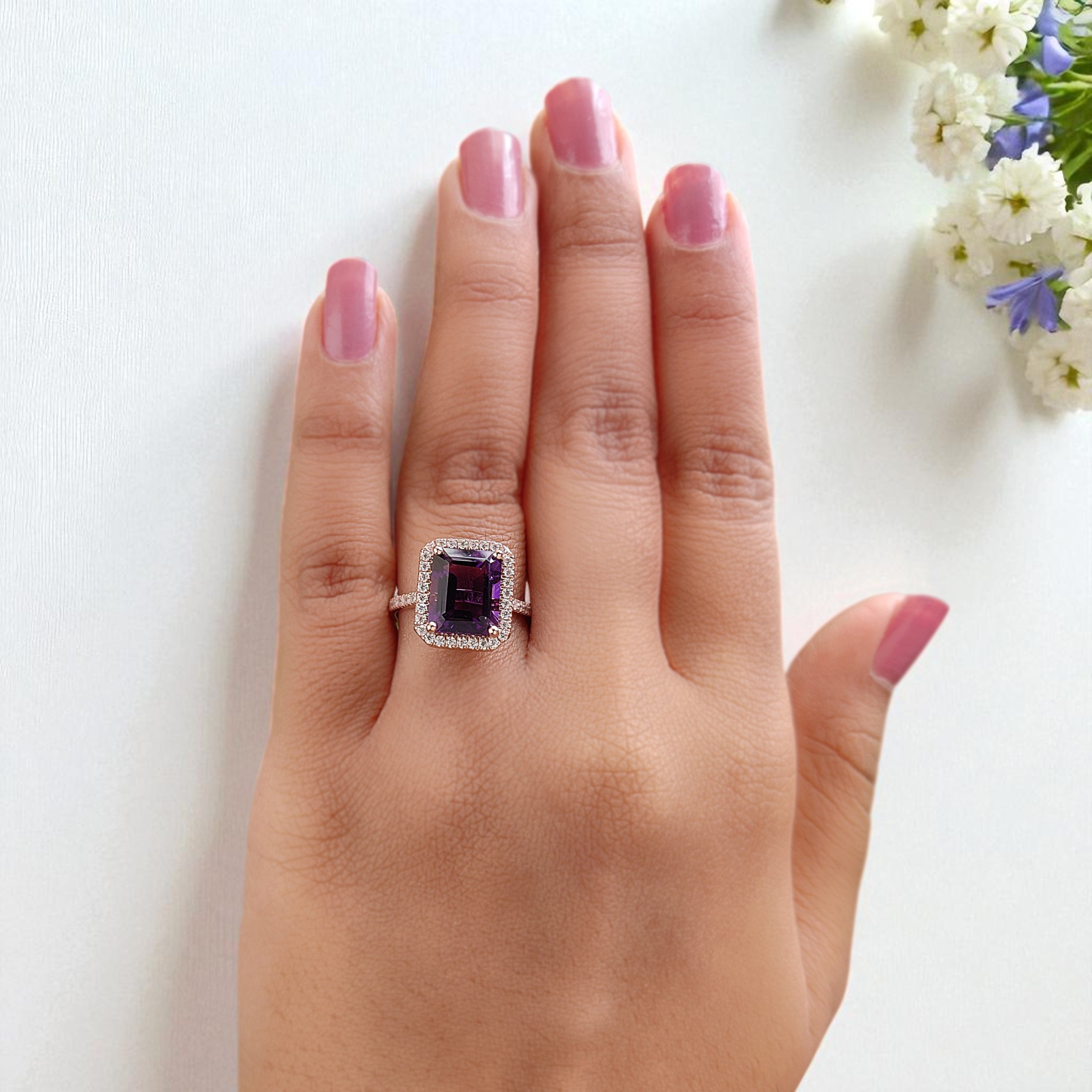 3.40 CT Emerald Cut Purple Amethyst Engagement Ring Rose Gold Ring Emerald Shape Diamond Wedding Ring Unique Vintage Ring Gift For Her FD423