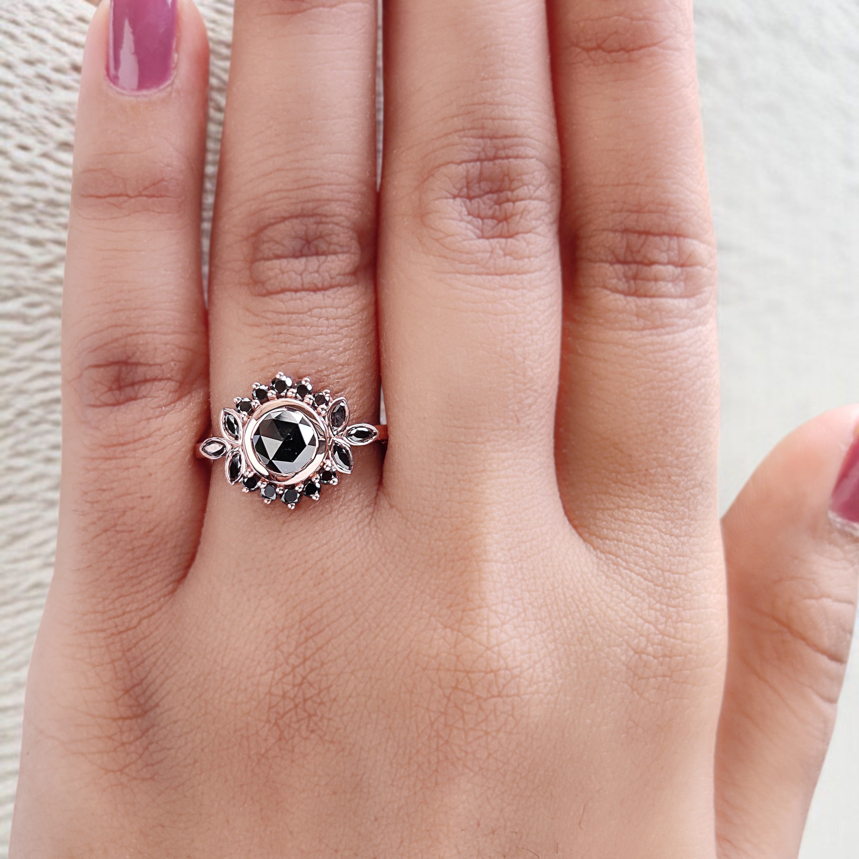 Round Rose Cut Black Color Diamond Ring 0.80 Ct 6.00 MM Rose Cut Diamond Ring 14K Solid Rose Gold Silver Engagement Ring Gift For Her QN9075