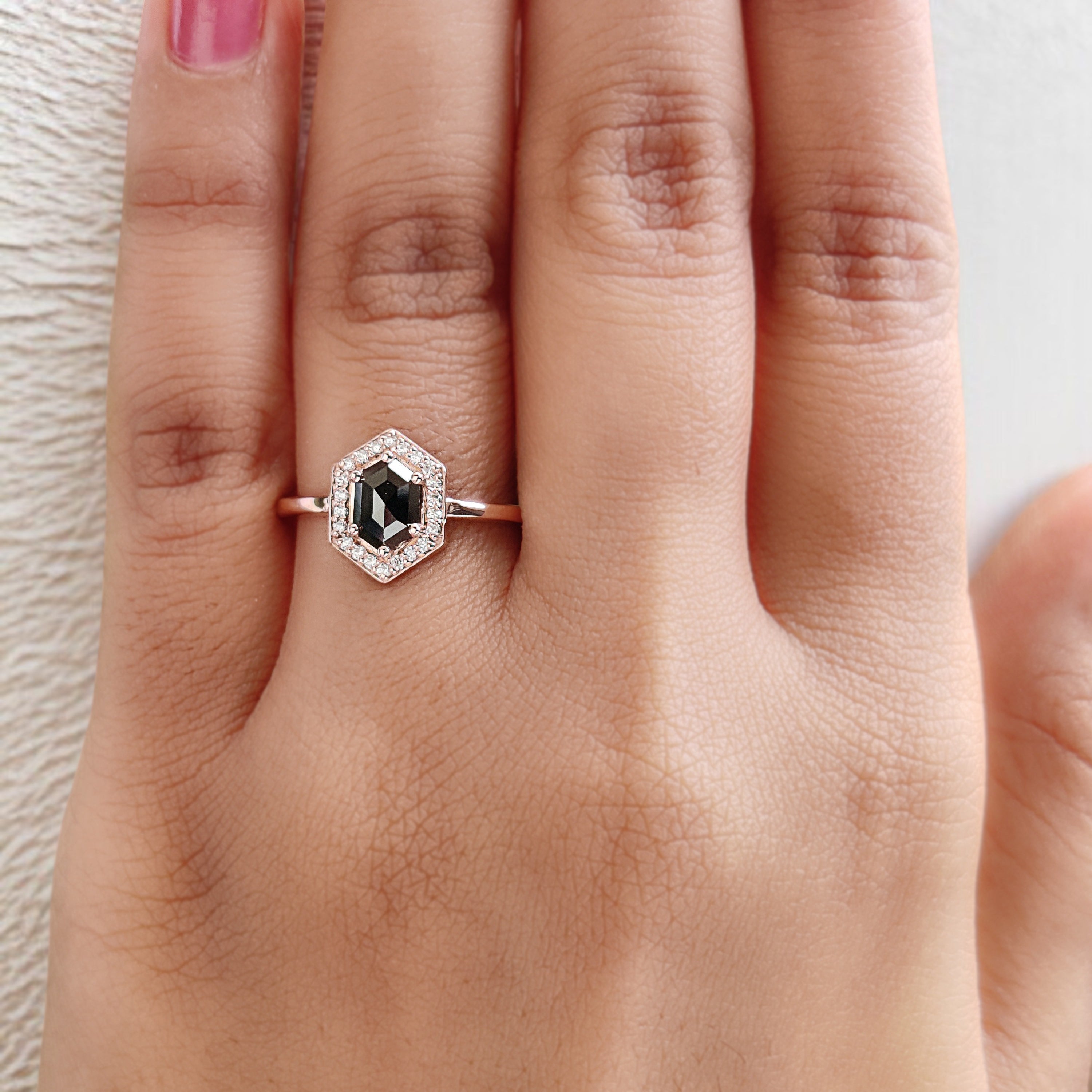Hexagon Cut Black Color Diamond Ring 0.56 Ct 6.84 MM Hexagon Diamond Ring 14K Rose Gold Silver Hexagon Engagement Ring Gift For Her QN2233