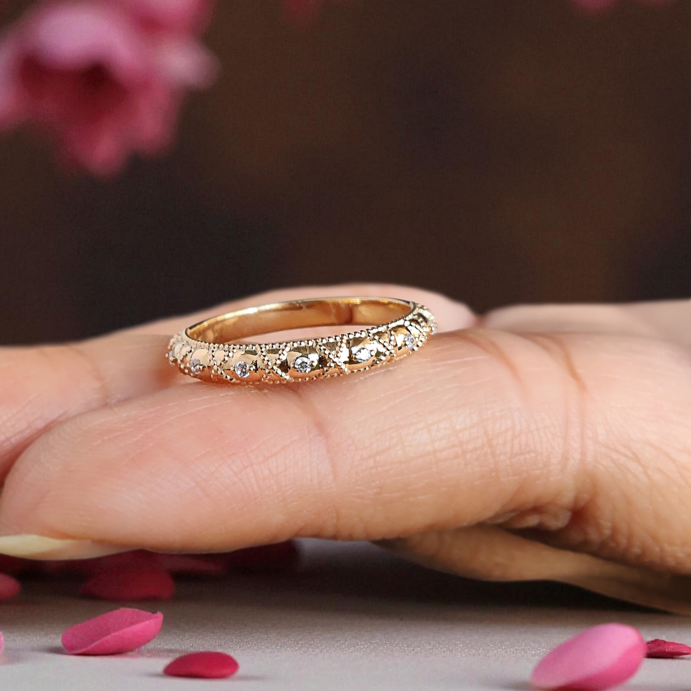 Half Eternity Band Vintage Lab Grown Diamond Wedding Band 14K Solid Gold Milgrain Band Ring Stackable Matching Rings Gift for Women FD453