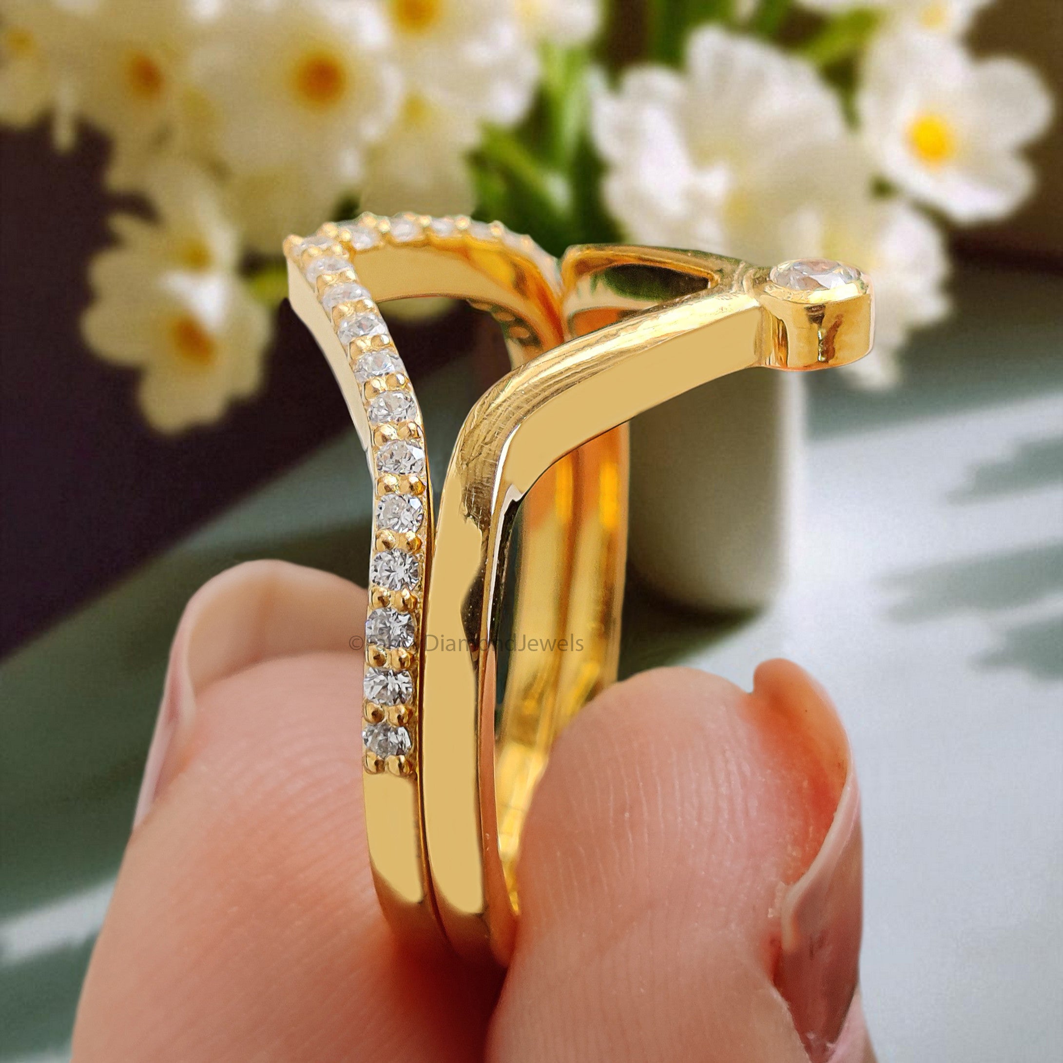 Double Banded Wedding Ring 0.21 CTW Round Diamond Band V Shaped Silver/10K/14K/18K Band Half Eternity Engagement Band Anniversary Ring FD392