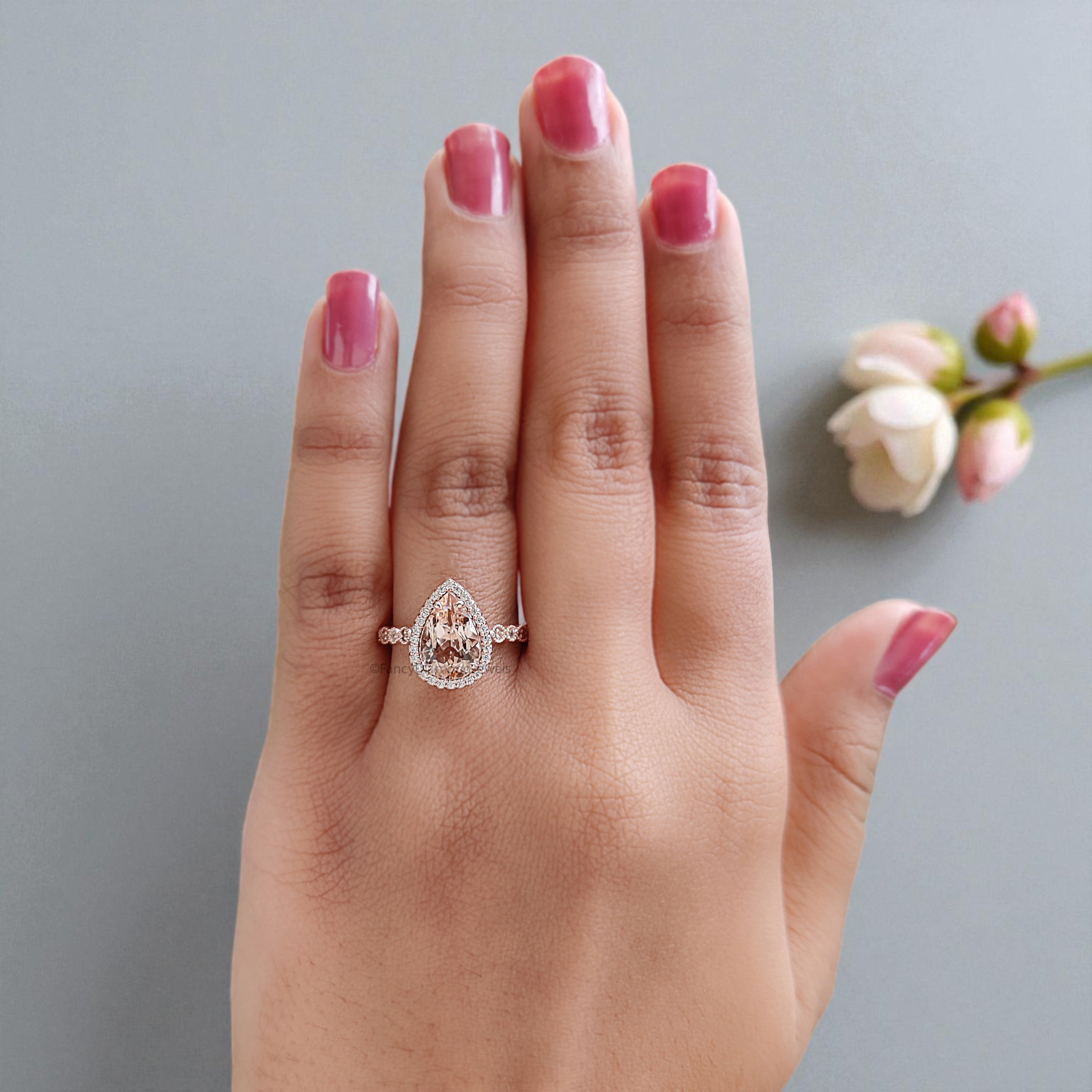 1.50 CT Pear Cut Natural Morganite Engagement Ring Rose Gold Ring Pear Shape Wedding Ring Unique Vintage Halo Ring Gift For Her FD450