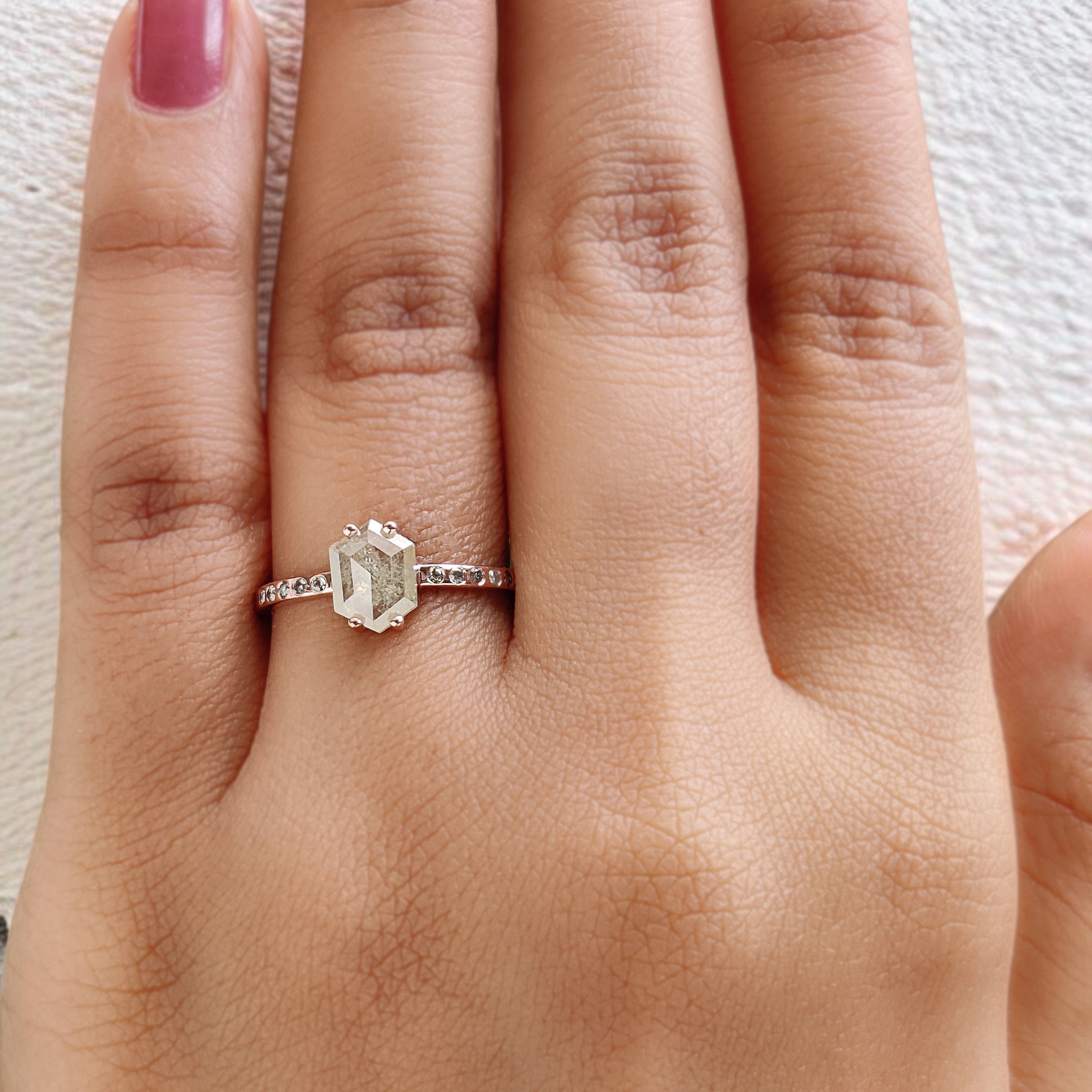 Hexagon Grey Color Diamond Ring 0.75 Ct 7.45 MM Hexagon Shape Diamond Ring 14K Solid Rose Gold Silver Engagement Ring Gift For Her QK2097