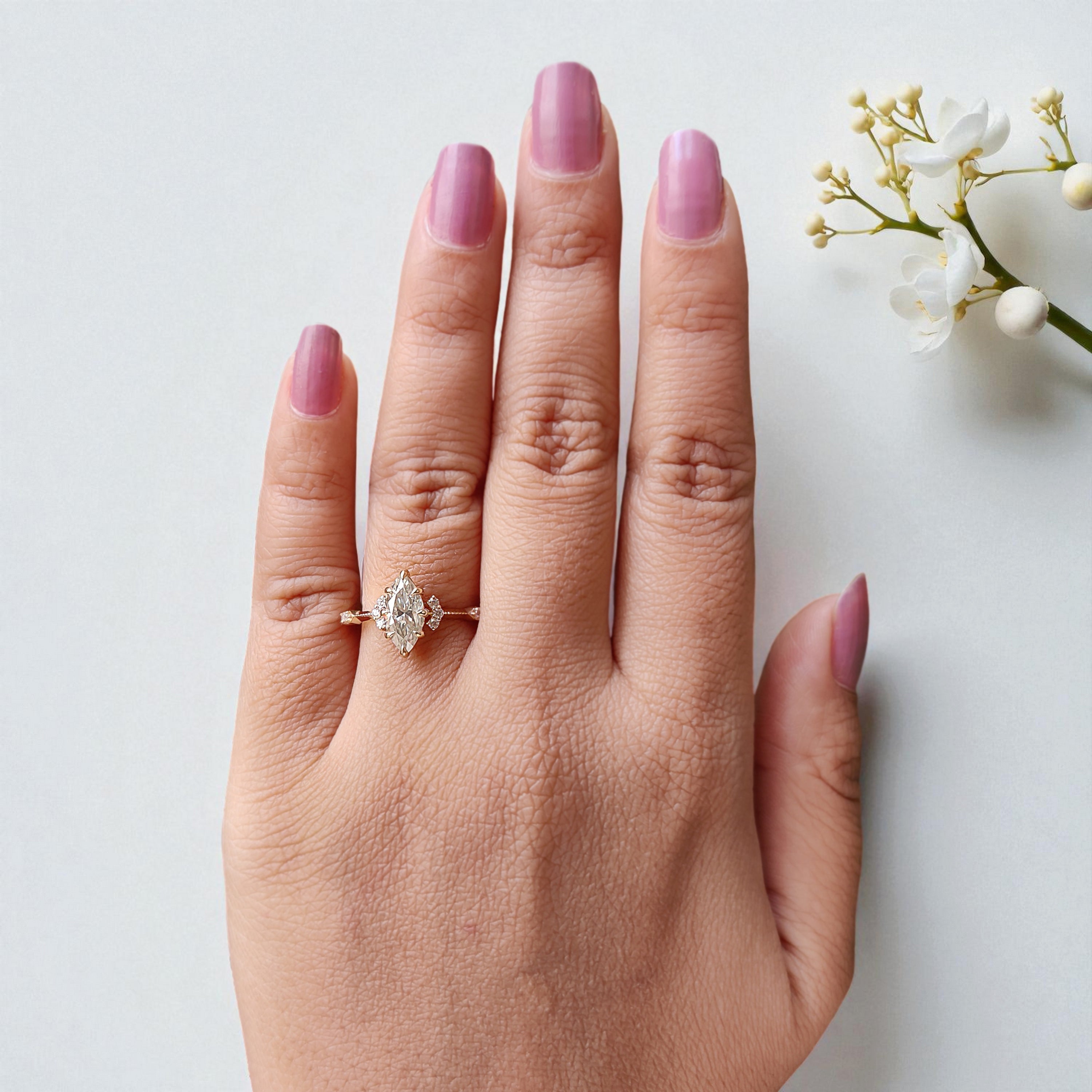 1.10 CT Marquise Lab Grown Diamond Engagement Ring Knife Band Round Diamond Ring Bridal Promise Ring Yellow Gold Ring Gift For Her FD455