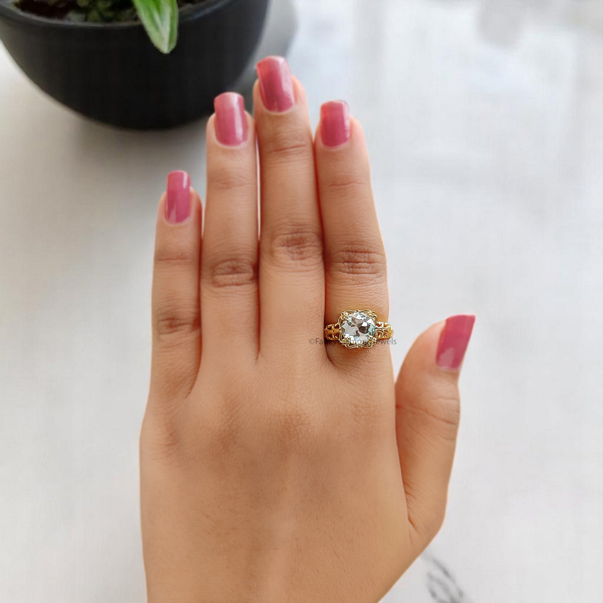 Antique 2.65 CT Round Rose Cut Blue Moissanite Engagement Ring Filigree Wedding Ring Anniversary Gift Promise Ring Unique Ring FD369