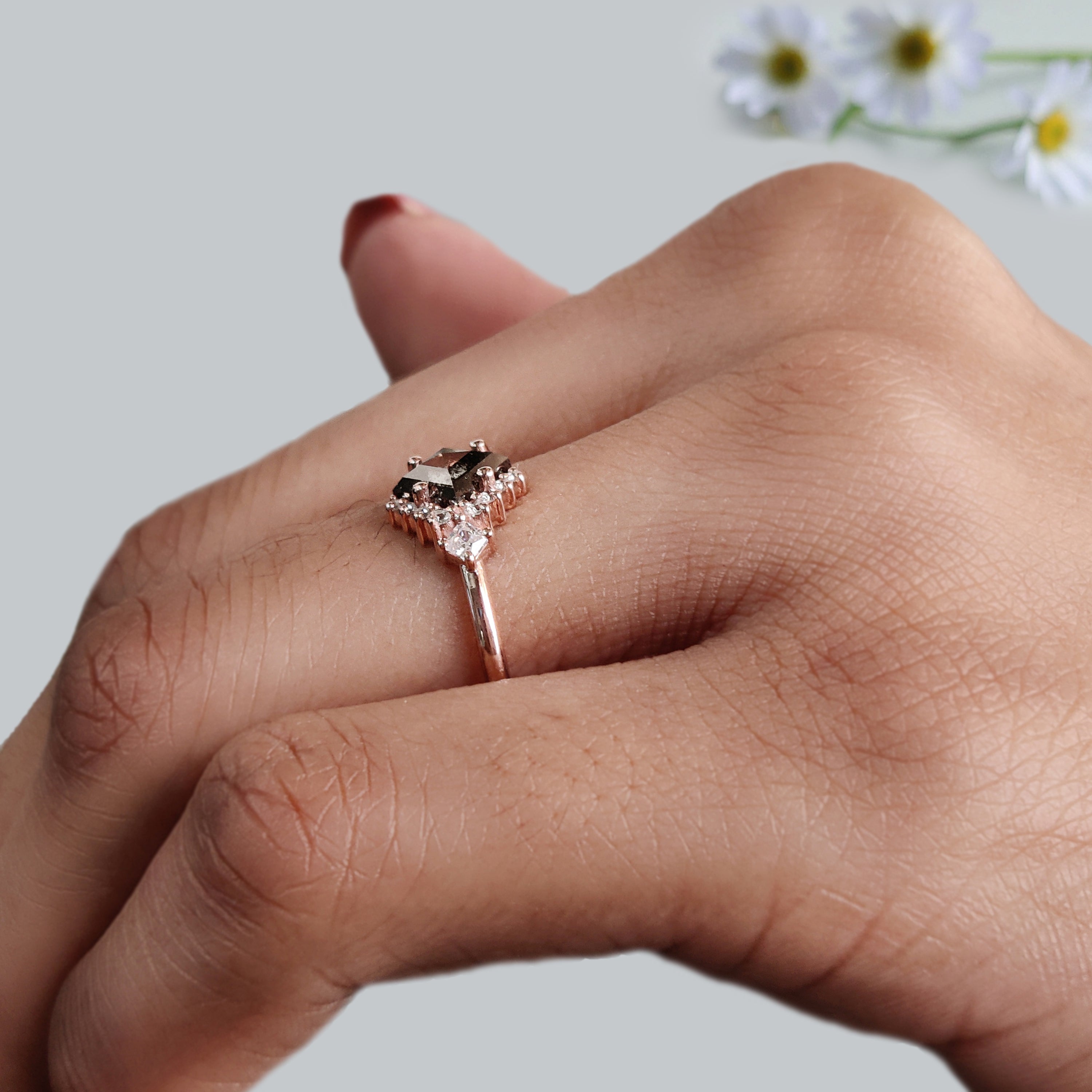 Kite Cut Salt And Pepper Diamond Ring 0.70 Ct 7.10 MM Kite Shape Diamond Ring 14K Solid Rose Gold Silver Engagement Ring Gift For Her KDN930