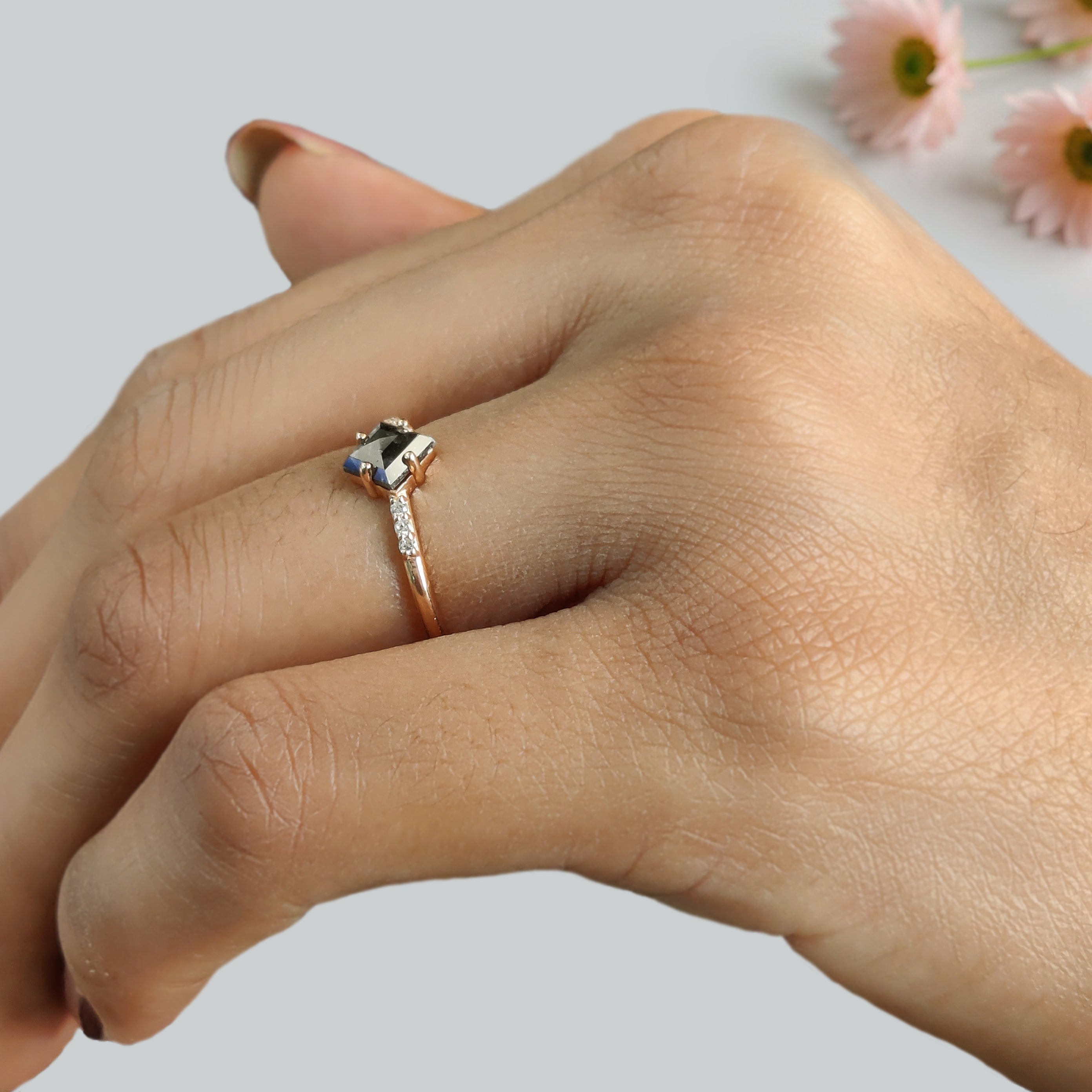 Kite Shape Black Color Diamond Ring 0.65 Ct 6.75 MM Kite Diamond Ring 14K Solid Rose Gold Silver Kite Engagement Ring Gift For Her KDN808