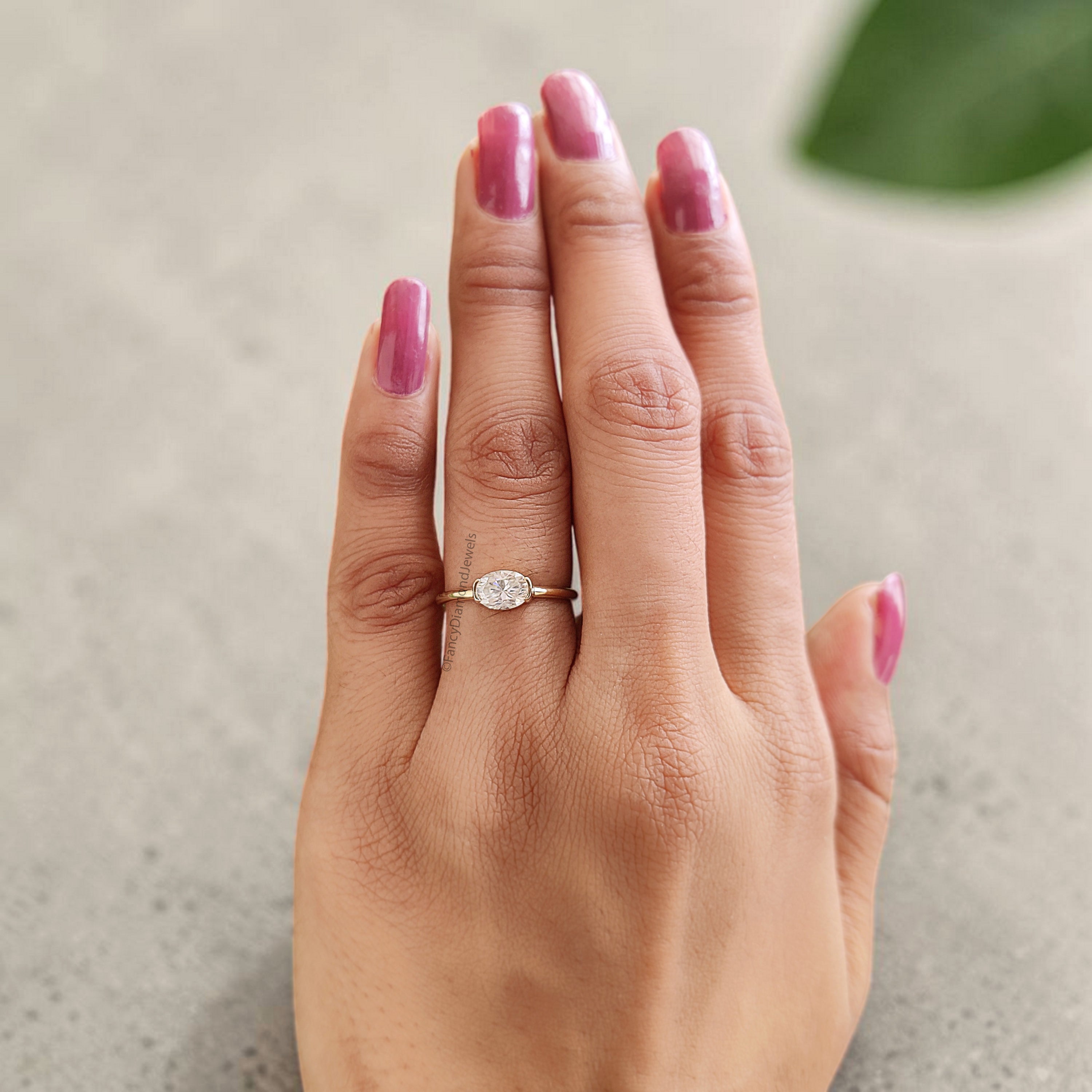 Oval Shape Lab Grown Diamond Half Bezel Ring Solid Gold, Thin Dainty Ring, Oval Diamond Pinky Ring, Minimal Wedding Band Gift For Her FD564