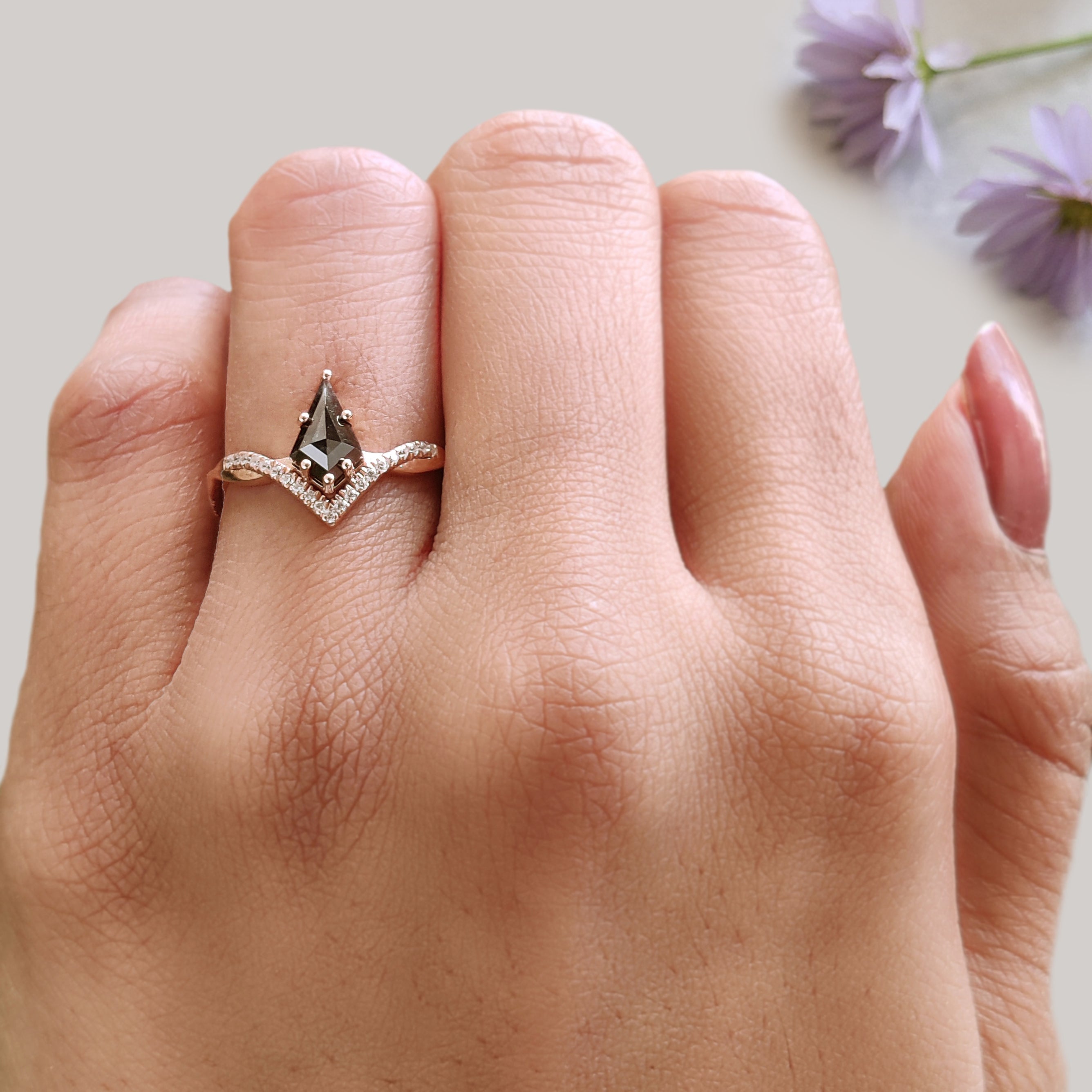 Kite Cut Salt And Pepper Diamond Ring 0.86 Ct 8.64 MM Kite Diamond Ring 14K Solid Rose Gold Silver Engagement Ring Gift For Her KDL3433