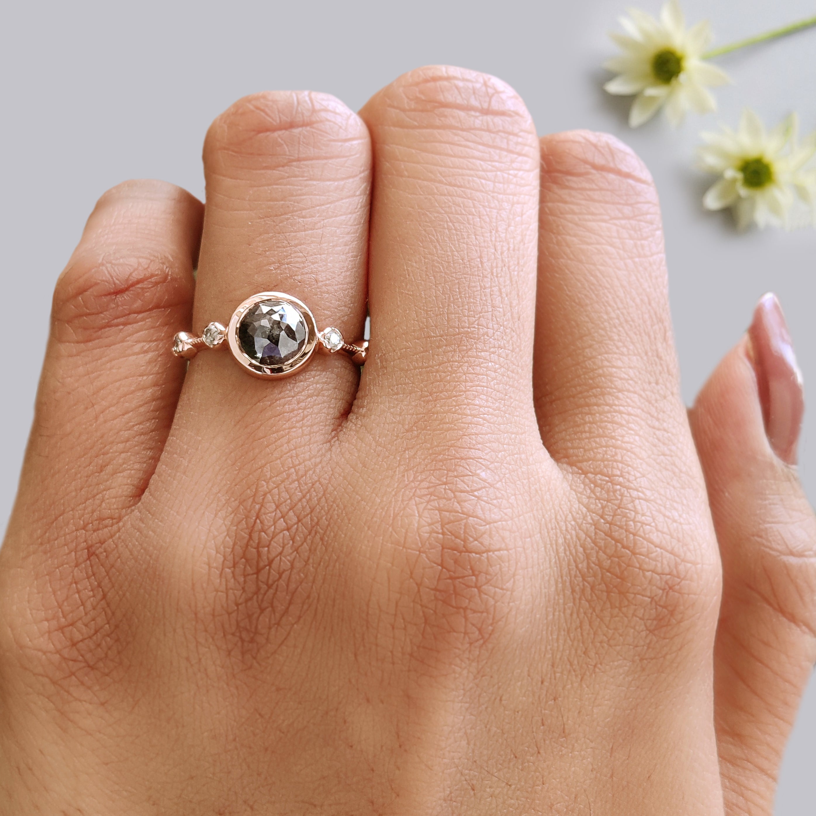 Round Rose Cut Salt And Pepper Diamond Ring 1.23 Ct 6.80 MM Round Cut Diamond Ring 14K Rose Gold Silver Engagement Ring Gift For Her KDL1167