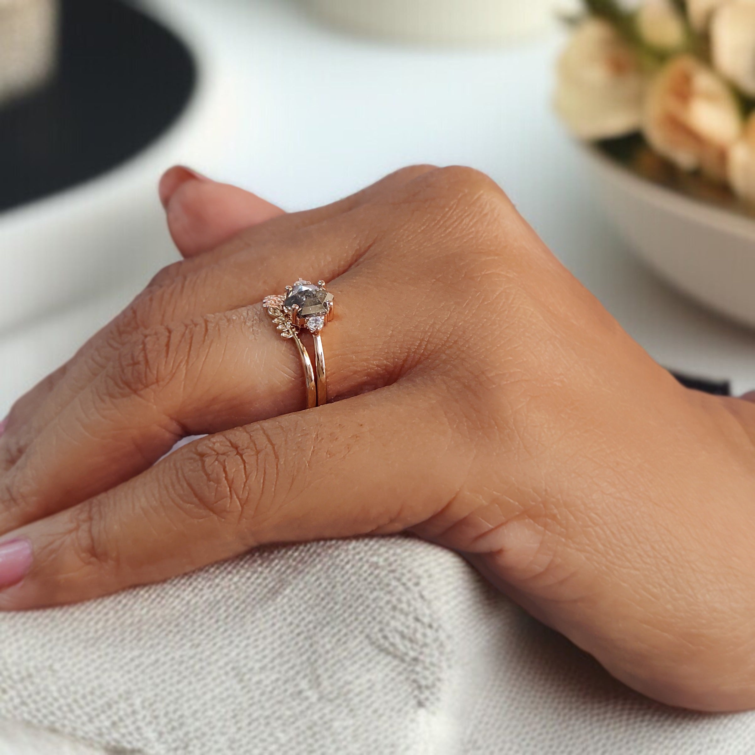 Hexagon Cut Salt And Pepper Diamond Ring 0.84 Ct 6.73 MM Hexagon Cut Diamond Ring 14K Rose Gold Silver Engagement Ring Gift For Her KDL2967