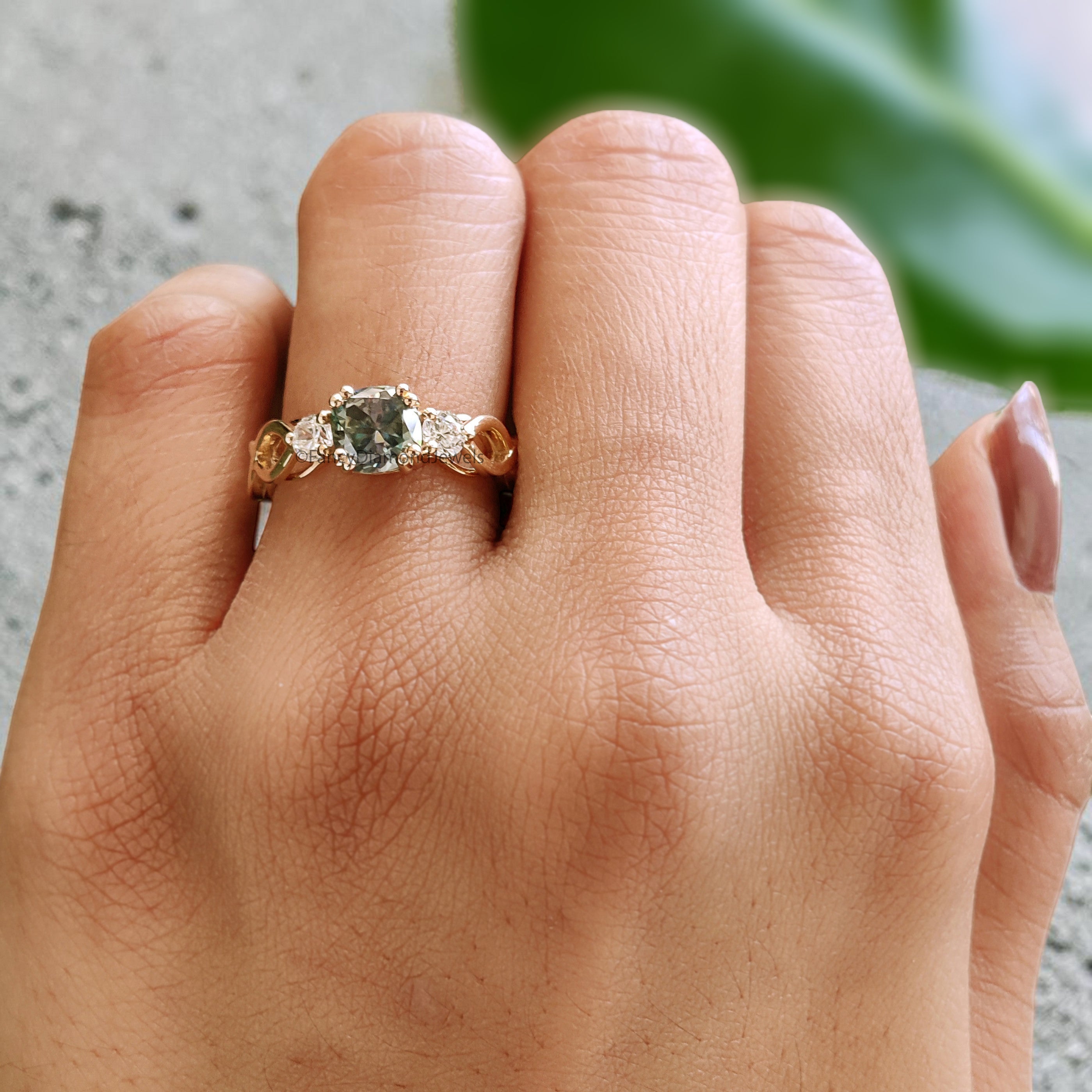 Cushion Cut Green Moissanite Engagement Ring 14K Solid Gold Ring Double Prong Set Ring Cushion Moissanite Wedding Ring Gift For Her FD467