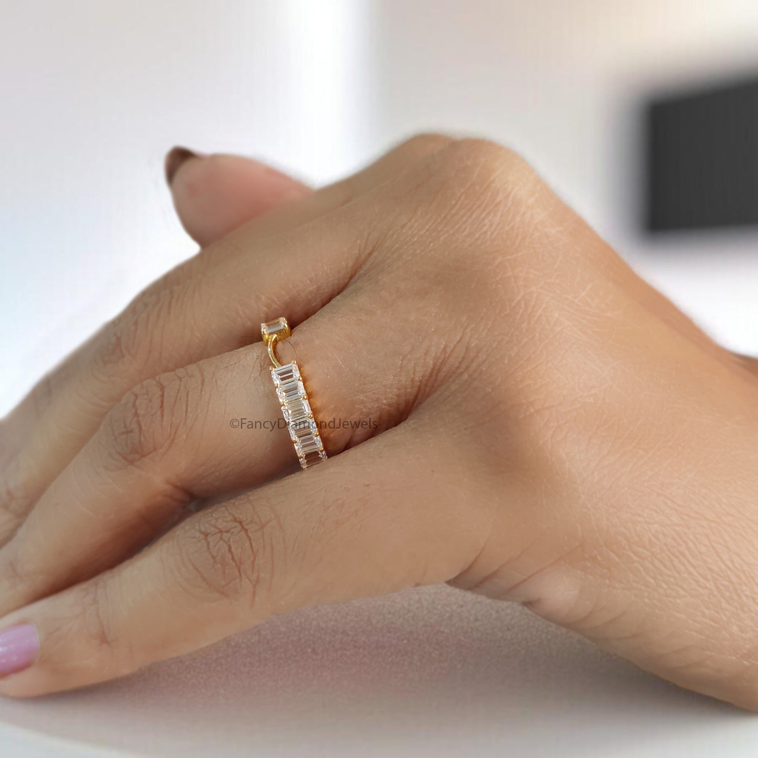 Emerald Cut Wedding Band Yellow Gold Unique Half Eternity Anniversary Wedding Band Vintage Notched Stacking Matching Gift For Her FD528