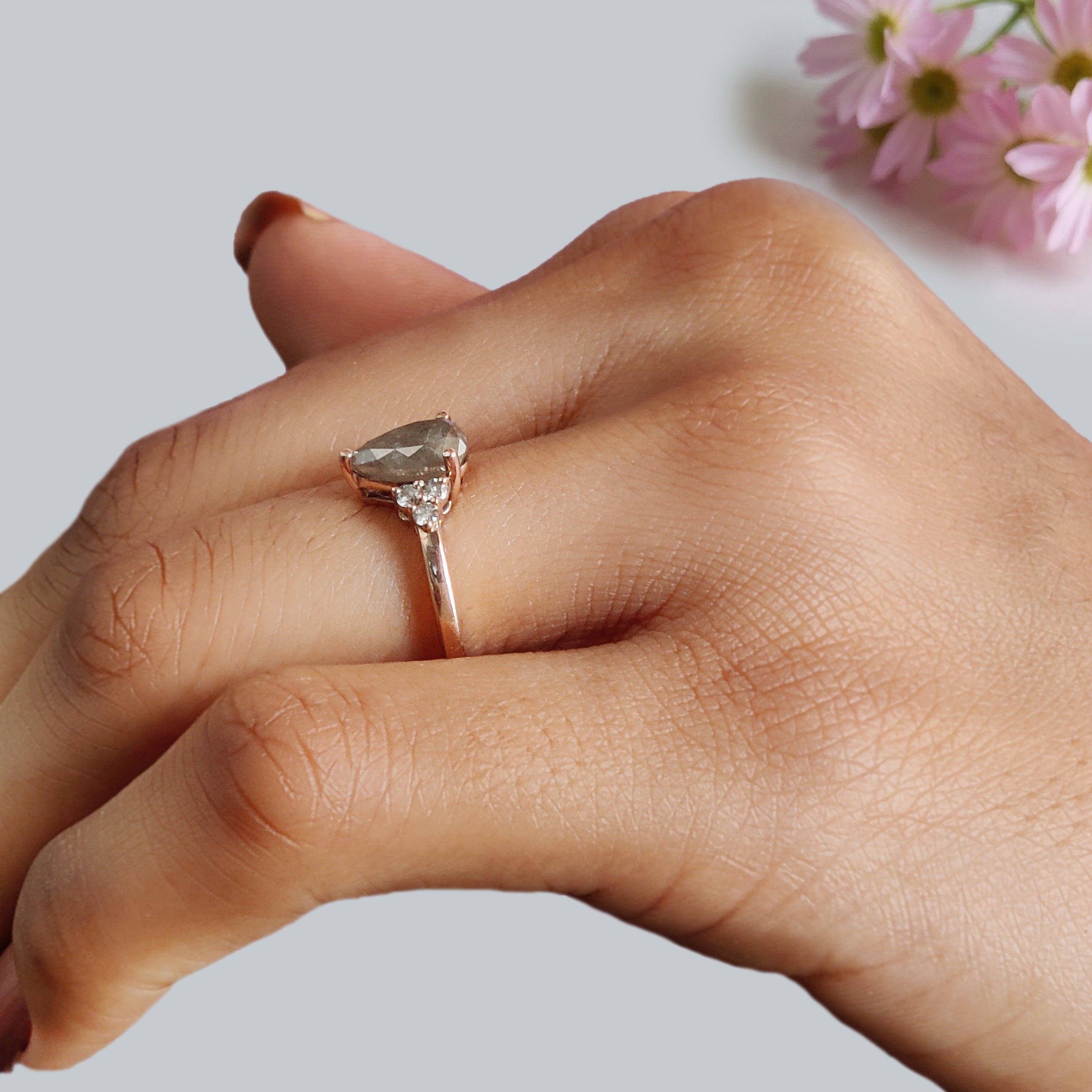 Pear Cut Gray Color Diamond Ring 1.30 Ct 8.43 MM Pear Diamond Ring 14K Solid Rose Gold Silver Pear Engagement Ring Gift For Her KDK2706