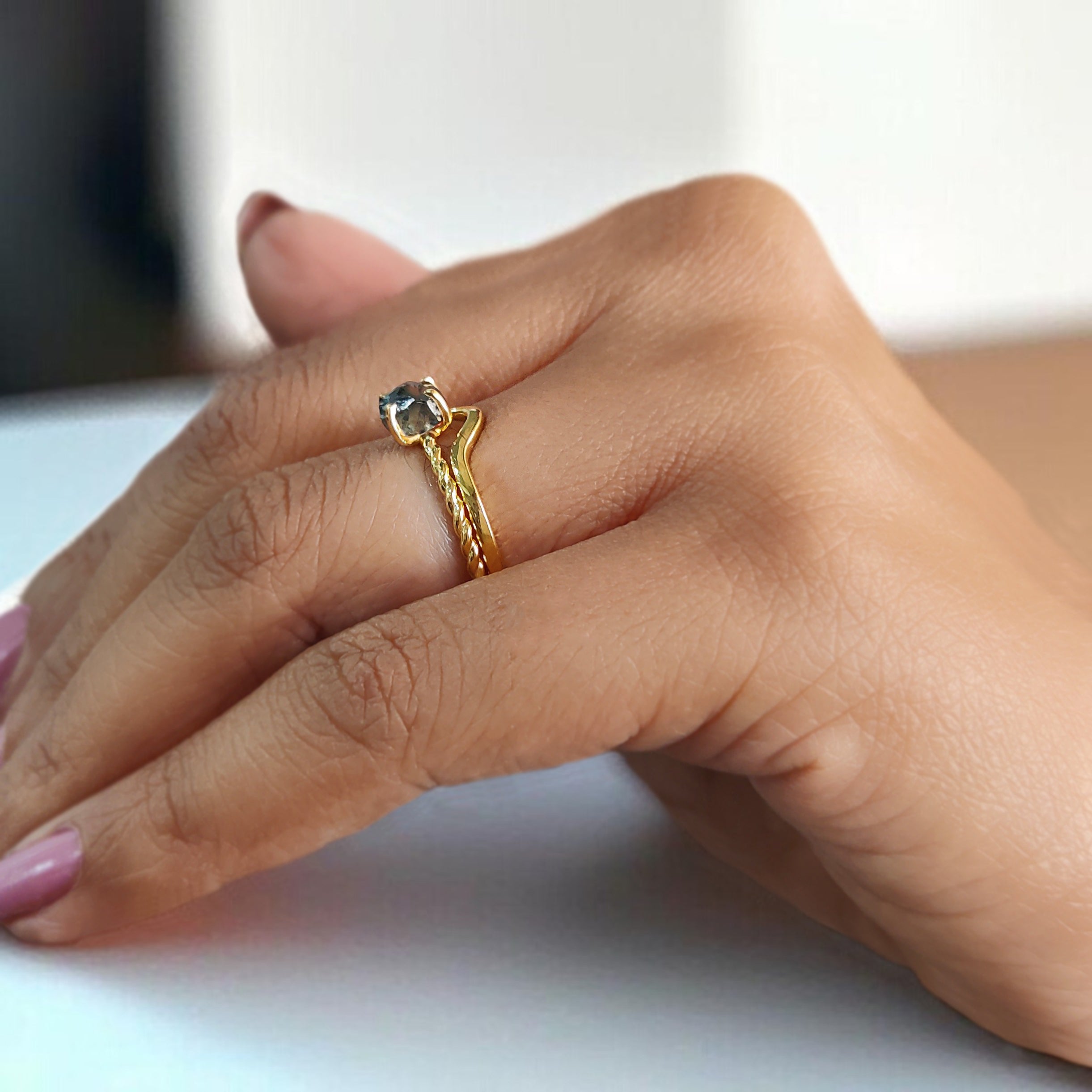 Rough Blue Color Diamond Ring 0.98 Ct 5.75 MM Crystal Rough Diamond Ring 14K Solid Yellow Gold Silver Engagement Ring Gift For Her KDL2326