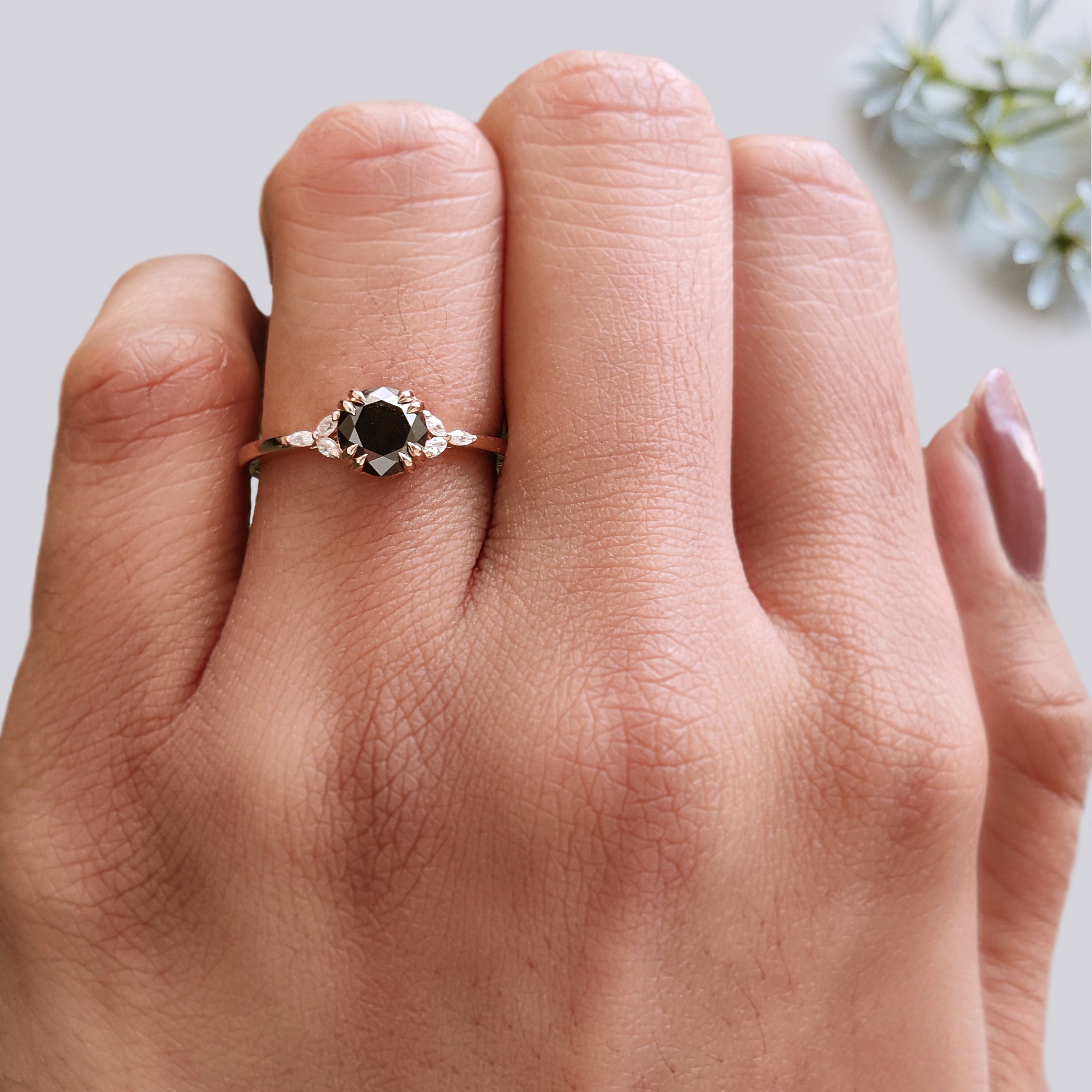 0.90 Ct Natural Round Shape Black Color Diamond Ring 6.05 MM Round Cut Diamond Ring 14K Solid Rose Gold Silver Round Engagement Ring KDL507