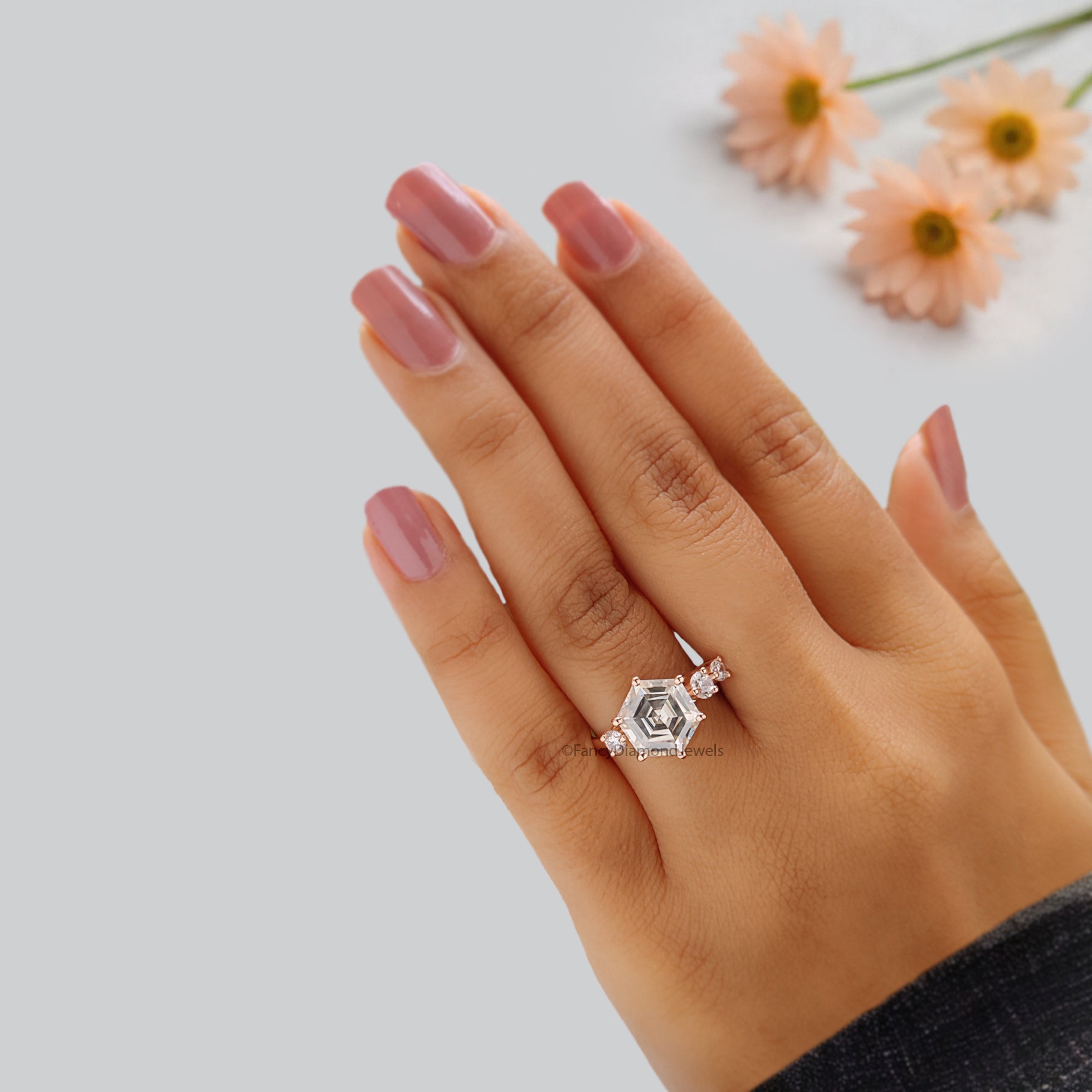 2.95 CTW Antique Hexagon Cut Moissanite Engagement Ring Rose Gold Four Stone Ring Engagement Ring Delicate Wedding Bridal Ring FD235