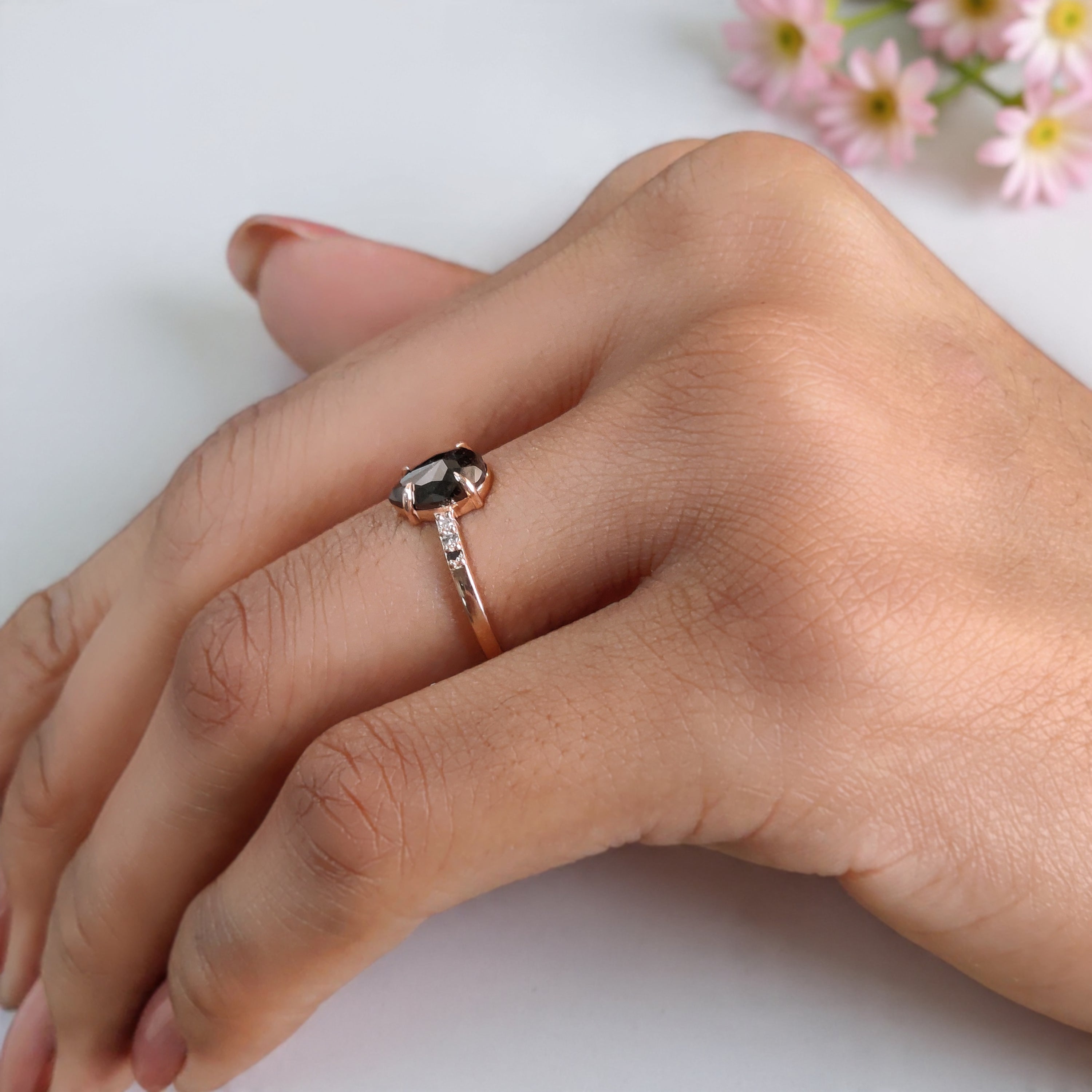 0.89 Ct Pear Shape Black Color Diamond Ring 7.65 MM Pear Cut Diamond Ring 14K Solid Rose Gold Silver Engagement Ring Gift For Her KDN1754