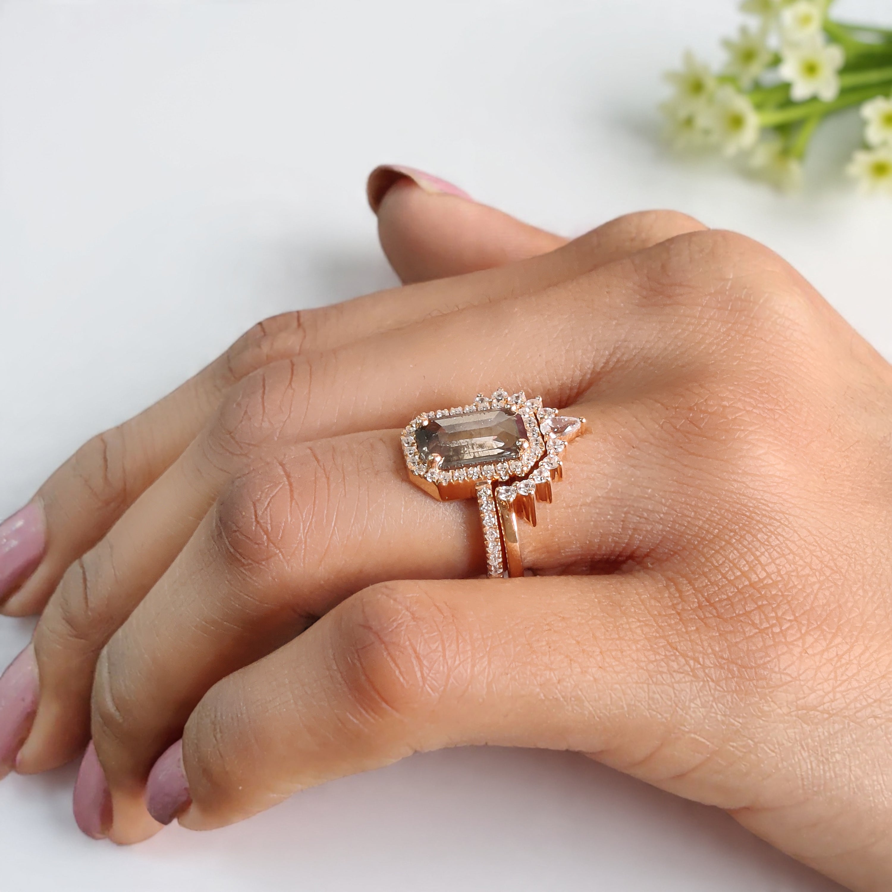 1.70 CT Emerald Lab Grown Diamond Ring Emerald Fancy Black Grey Salt And Pepper Diamond Ring Engagement Ring Bridal Wedding Ring Set KDL3522