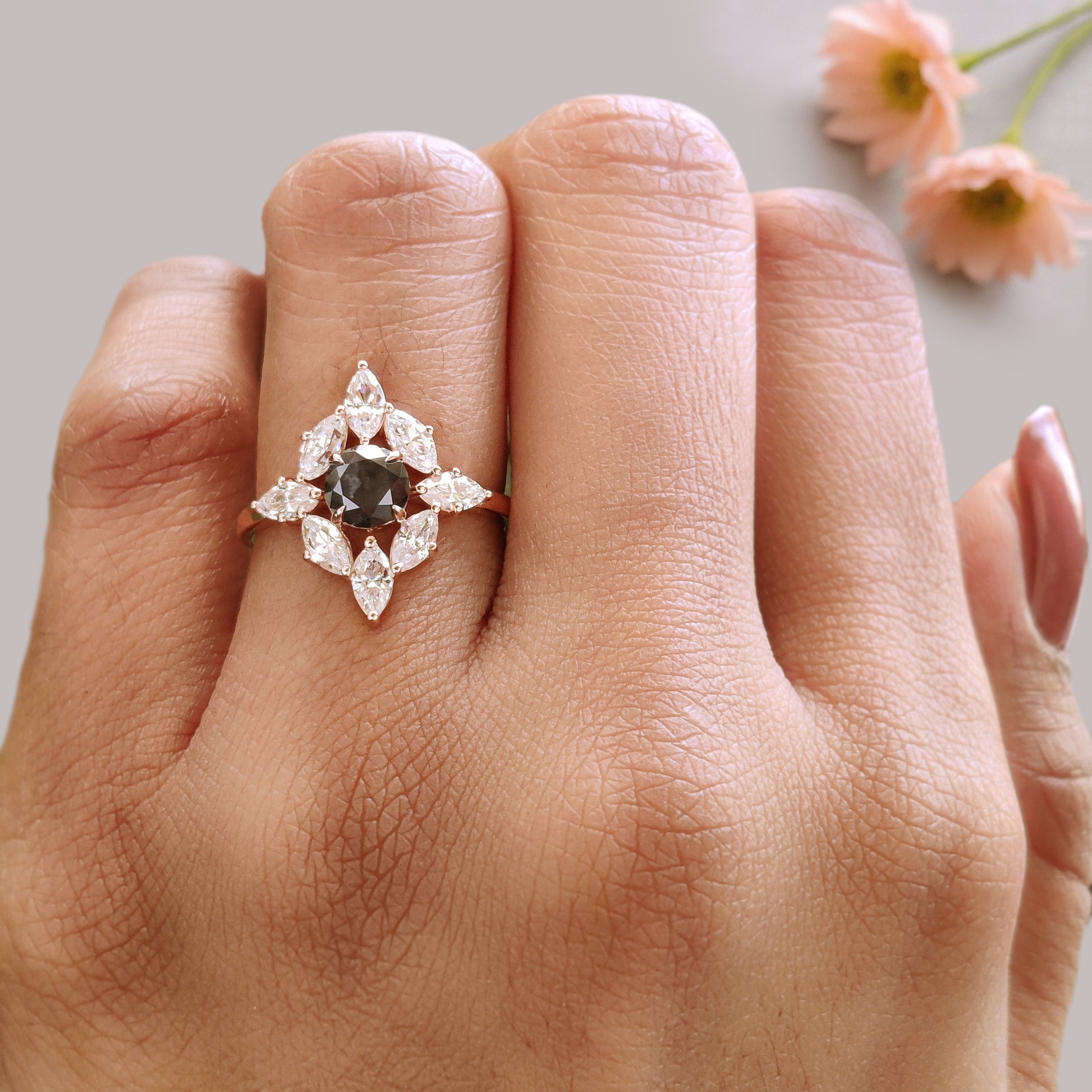 0.68 Ct Natural Round Shape Salt And Pepper Diamond Ring 5.30 MM Round Cut Diamond Ring 14K Solid Rose Gold Silver Engagement Ring KDL1765